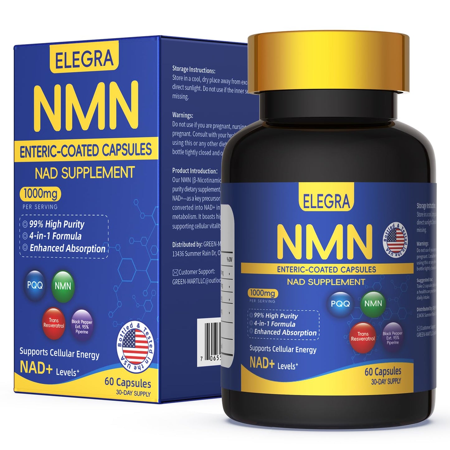 Elegra NMN Capsule 1000mg Enteric Coated with PQQ & Resveratrol, 99% Pure NMN, 60 Capsules