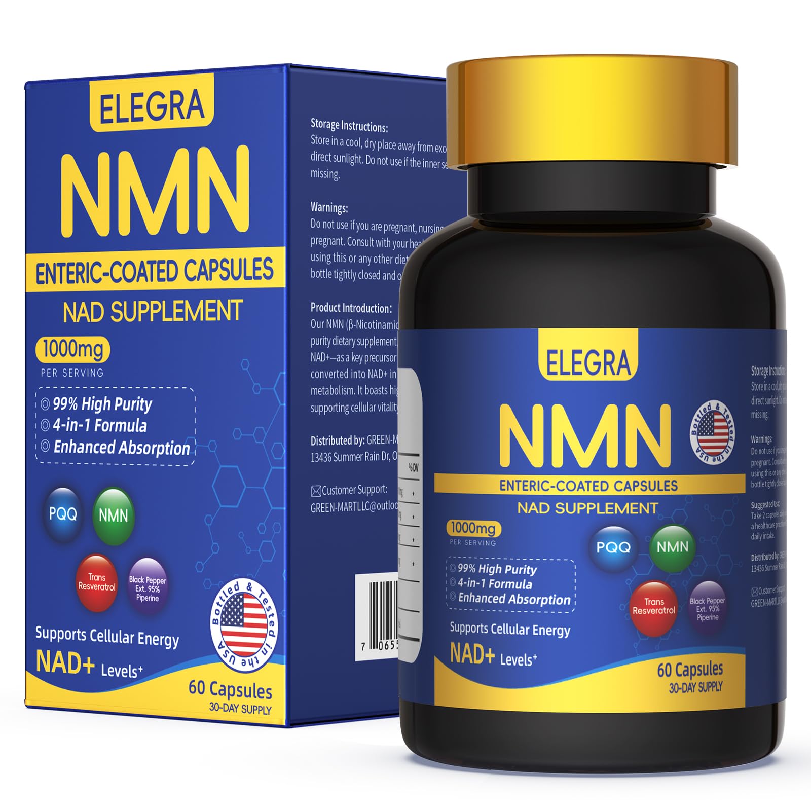 Elegra NMN Capsule 1000mg Enteric Coated with PQQ & Resveratrol, 99% Pure NMN, 60 Capsules