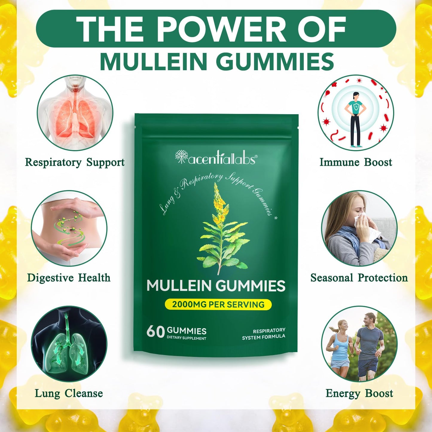 Flasture Mullein Gummies for Lungs & Sinus Relief 2000mg Mullein Leaf Extract Gummy, 60 Count