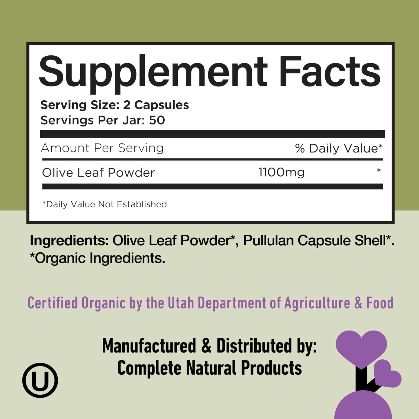 Complete Natural Products Organic Olive Leaf Extract 550mg, 100 Capsules