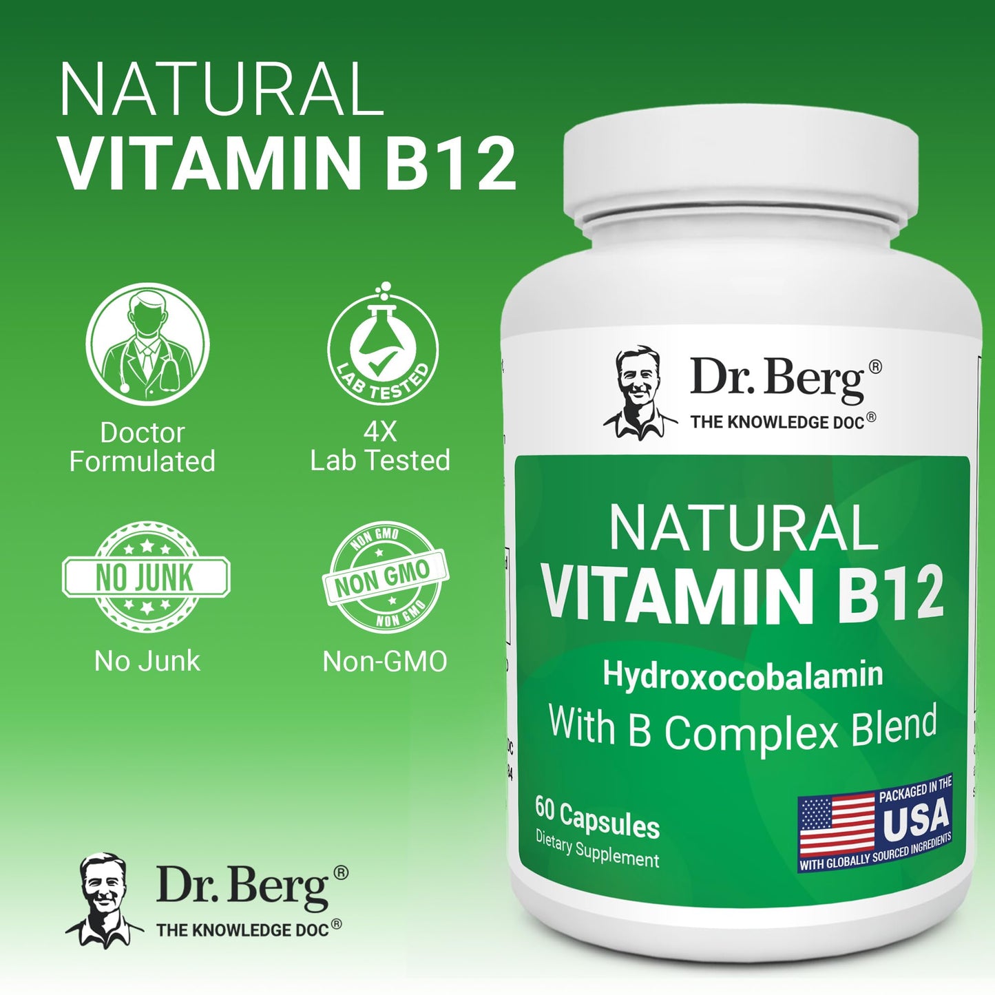 Dr. Berg Nutritionals Natural Vitamin B12 1000 mcg (Hydroxocobalamin) Capsules, 60 Count