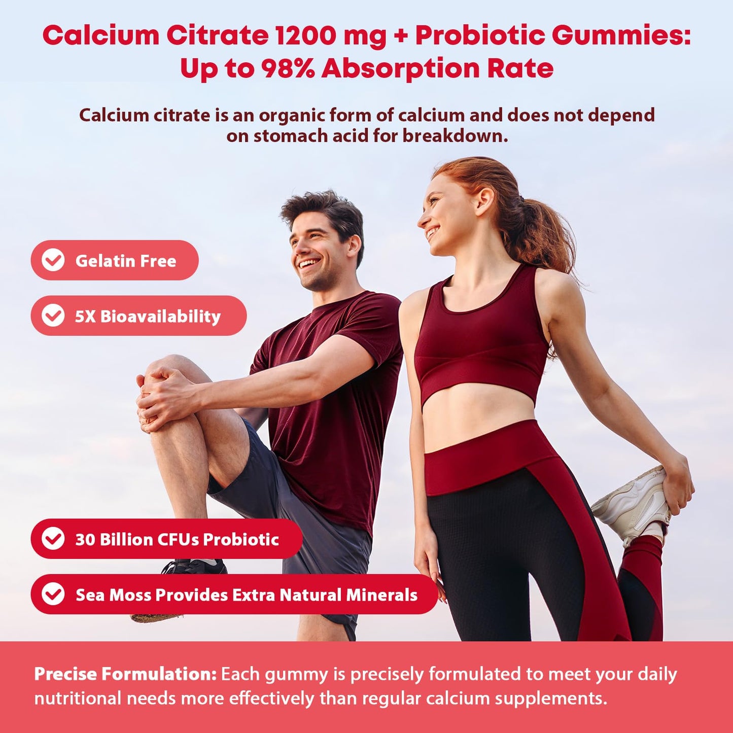 JIANKYTZ Sugar Free Calcium Citrate 1200 mg + Probiotic Gummies with Vitamin D3, K2, Magnesium Gummy, 120 Count