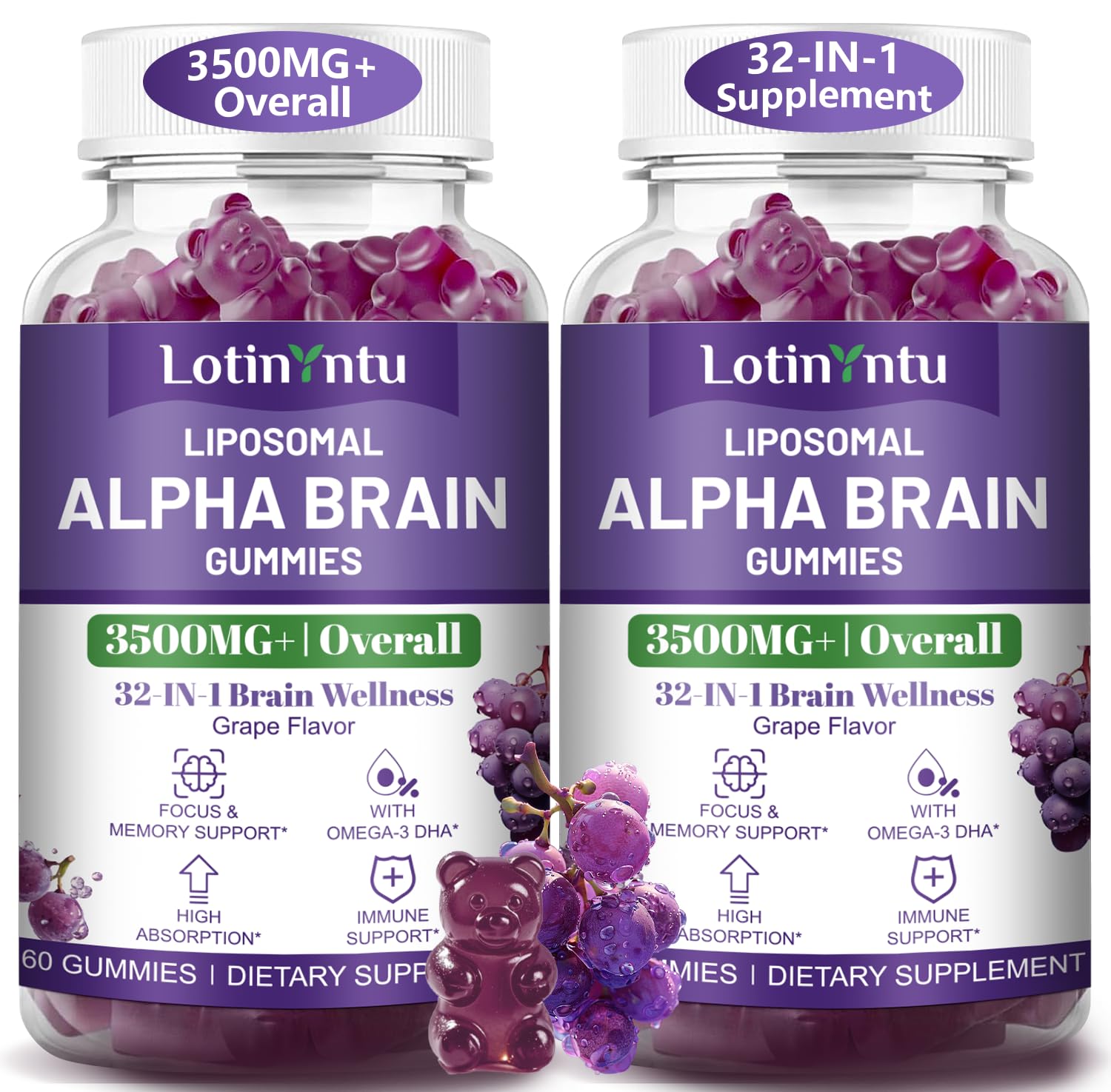 LotinYntu Liposomal 32 in 1 Alpha GPC Brain Focus Gummies, 120 Count