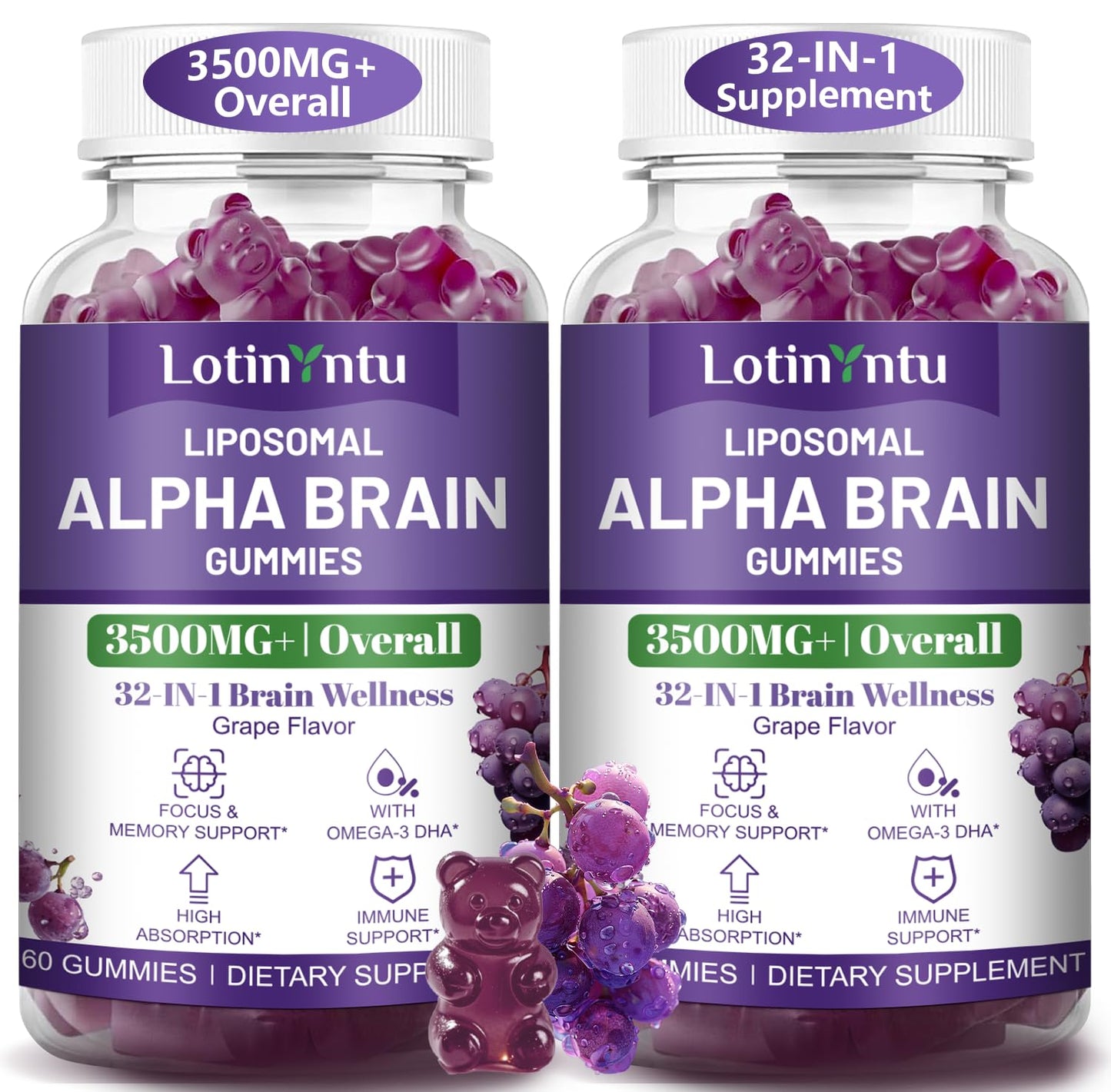 LotinYntu Liposomal 3500MG+ Alpha GPC Brain Focus Gummies with Omega-3 DHA+EPA, Lutein Zeaxanthin & Caffeine for High Absorption Focus & Memory Support Immune Boost, 120 Gummies