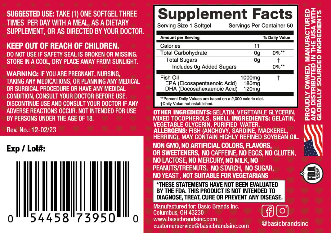 Basic Brands Smart Heart Omega-3 Fish Oil 1000mg - Triple Strength EPA & DHA, Non-GMO, Heart & Cognitive Support Softgels, 100 Count
