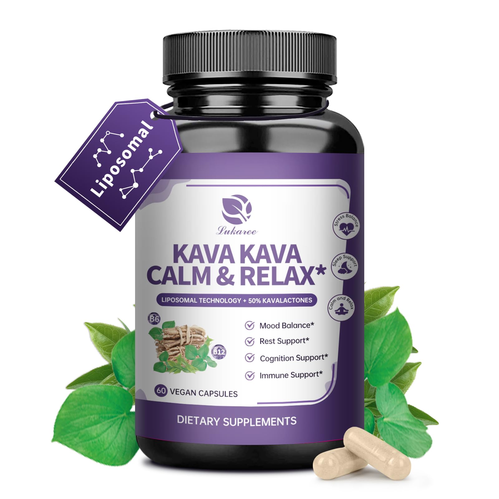 Lukaree Liposomal Kava Kava Root Extract with L-Theanine, Calm & Sleep Capsules, 60 Count