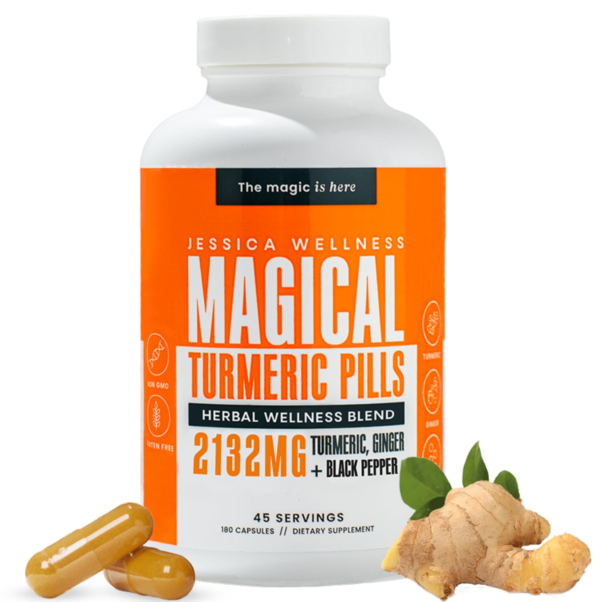 JESSICA WELLNESS Magical Turmeric Pills, Turmeric Curcumin Capsules with Black Pepper and Ginger, Capsule, 180 Count