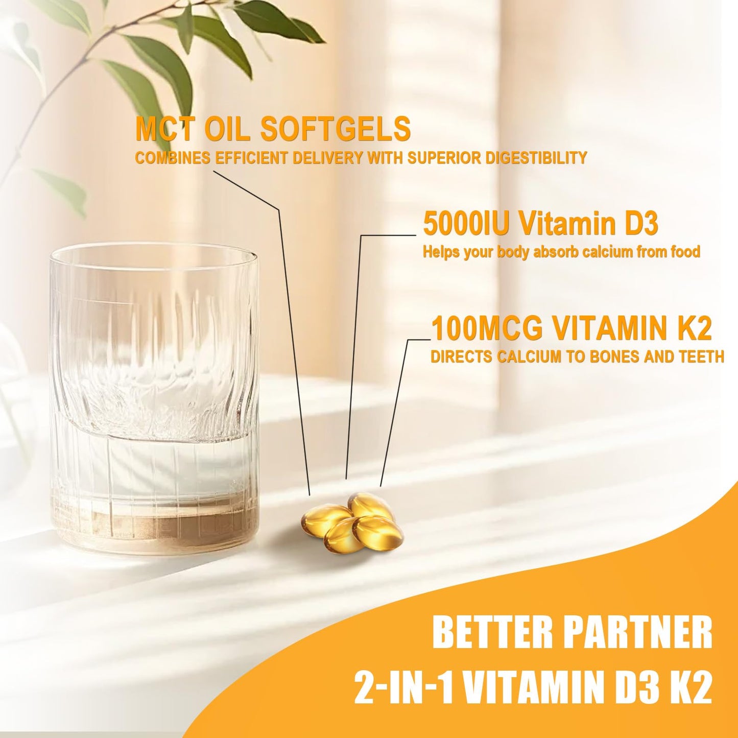 BIO POTENTIA Vitamin D3 K2 with MCT Oil Softgels 90 Count