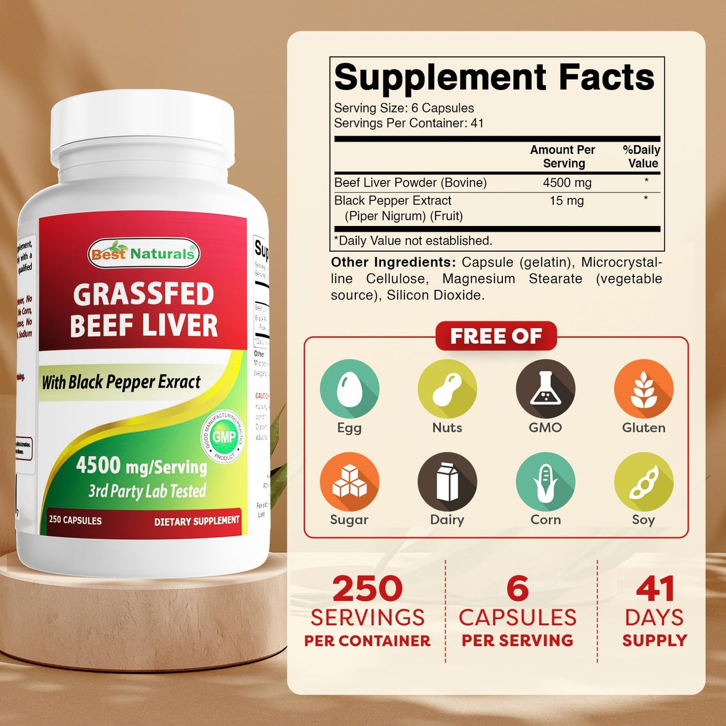 Best Naturals Grass Fed Beef Liver Capsules 250 Count