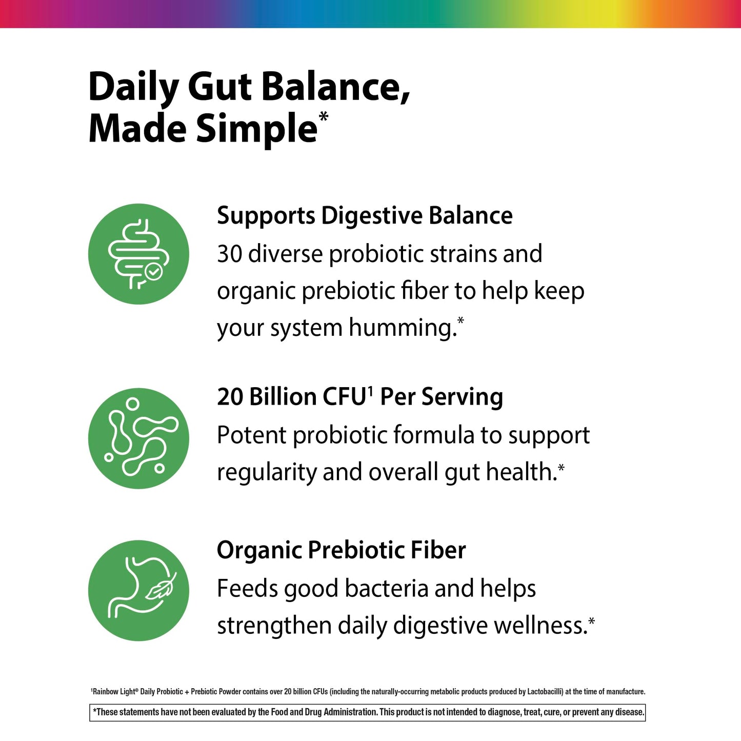 Rainbow Light Daily Probiotic & Prebiotic Powder 20 Billion CFU, 30 Probiotic Strains & Organic Prebiotic Fiber, for Men and Women, Supports Digestive Balance, 4.76 oz