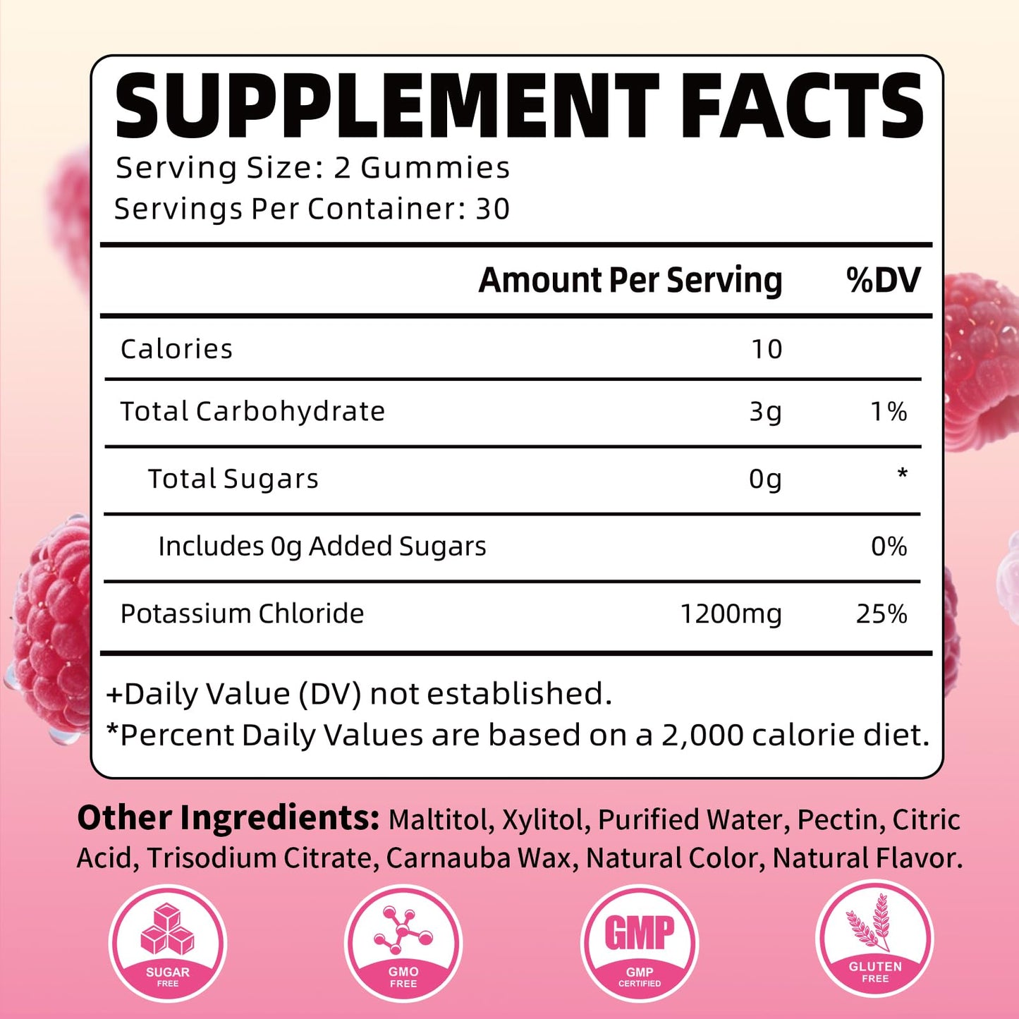 YUULAI Potassium Gummies 1200mg Potassium Chloride, Sugar-Free Raspberry Flavor, Gummy, 60 Count