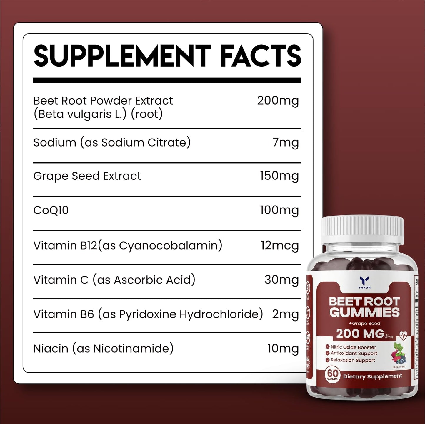 Yafur LLC Beet Root Gummies for Blood Pressure Support with COQ10 100mg, Grapeseed Extract, Vitamin B12, C, B6, Niacin, Vegan Non-GMO & Gluten Free, 60 Gummies