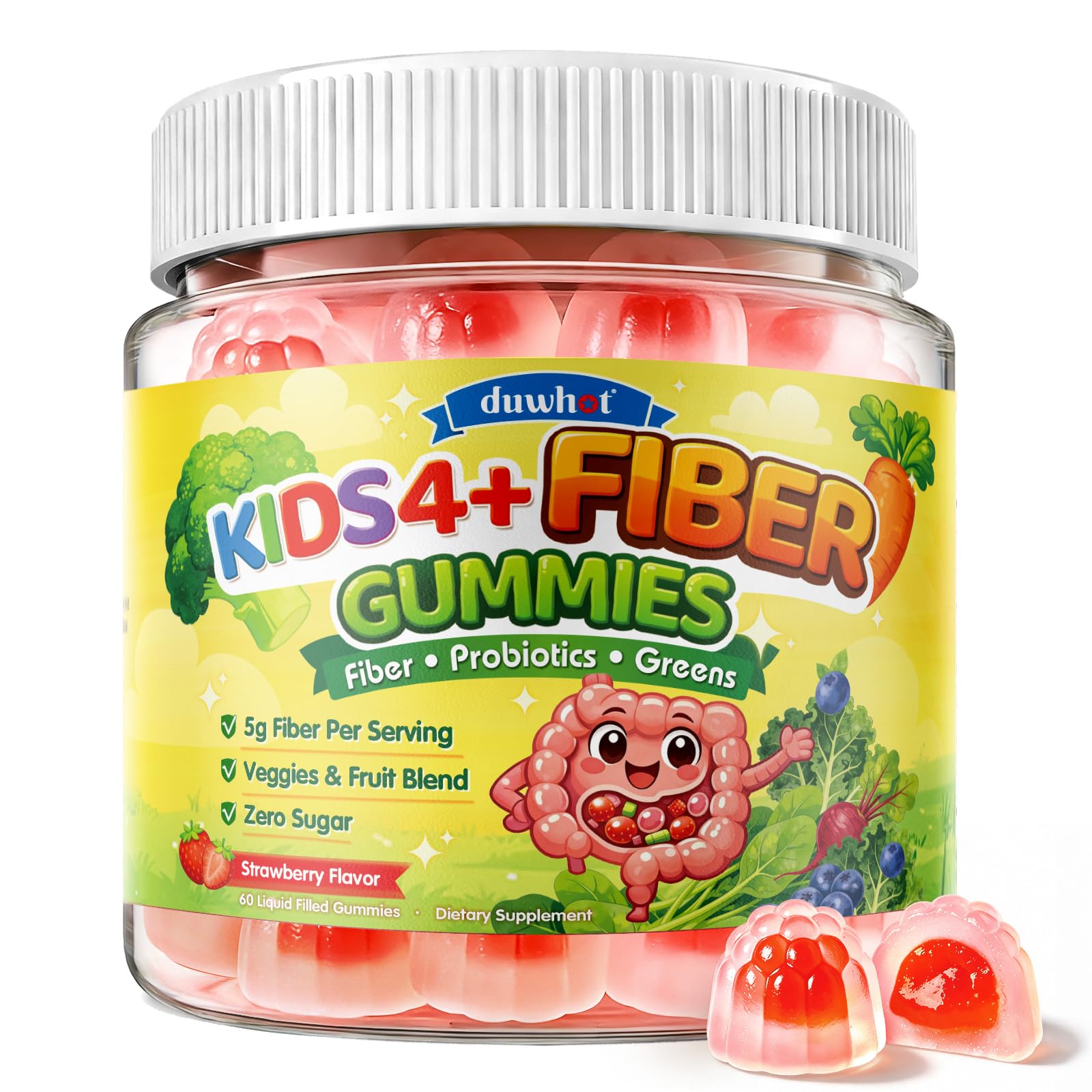 duwhot Kids Fiber Gummies Prebiotic Fiber Supplement with Probiotics, Vitamin C, D3 & B6, Veggies, Sugar Free, Strawberry Flavor, 60 Gummies
