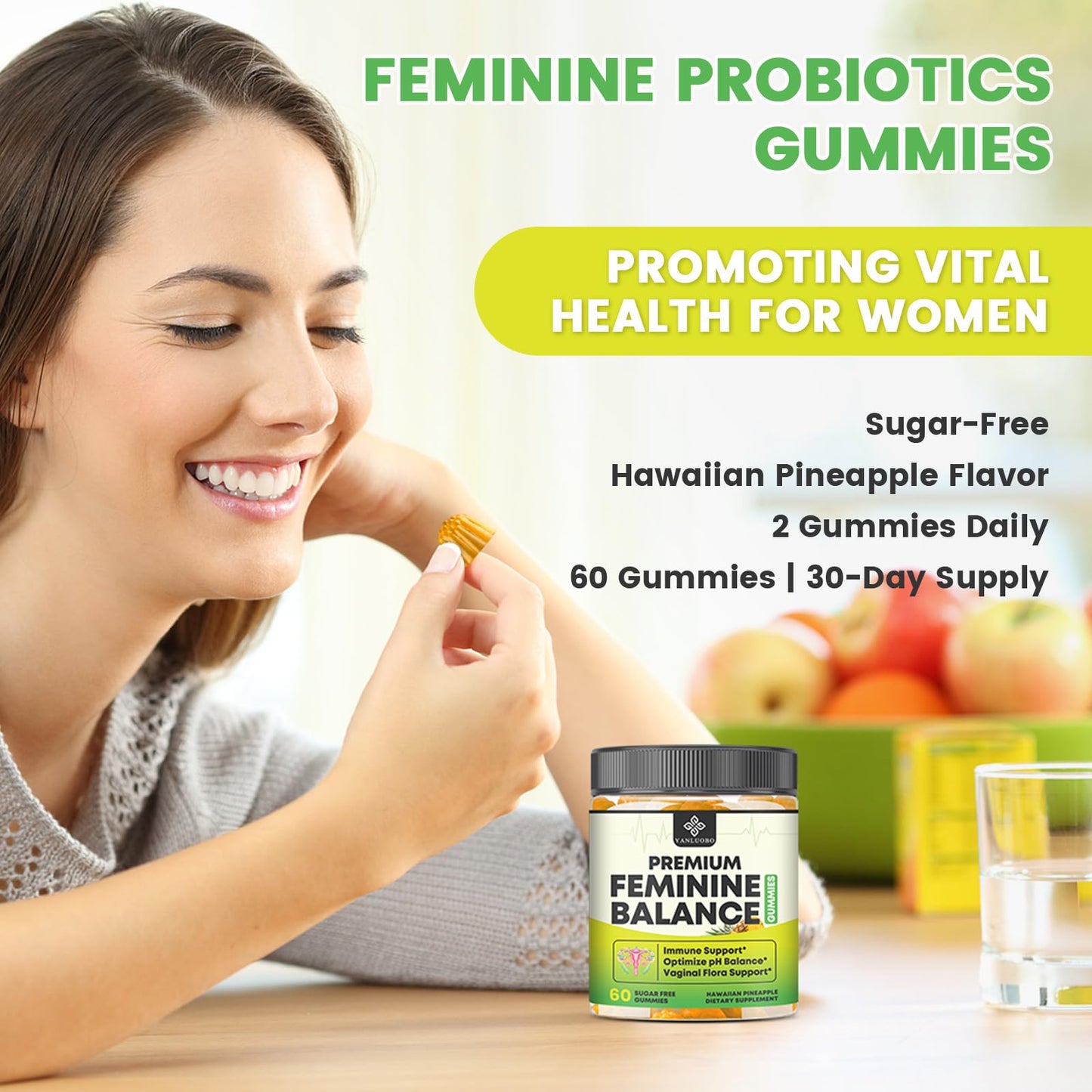 YANLUOBO Feminine Balance Probiotic Gummies - Women's Vaginal Health Support, PH Balance & Odor, Flora, Immune Support, Vegan Pineapple Flavor, 60 Count
