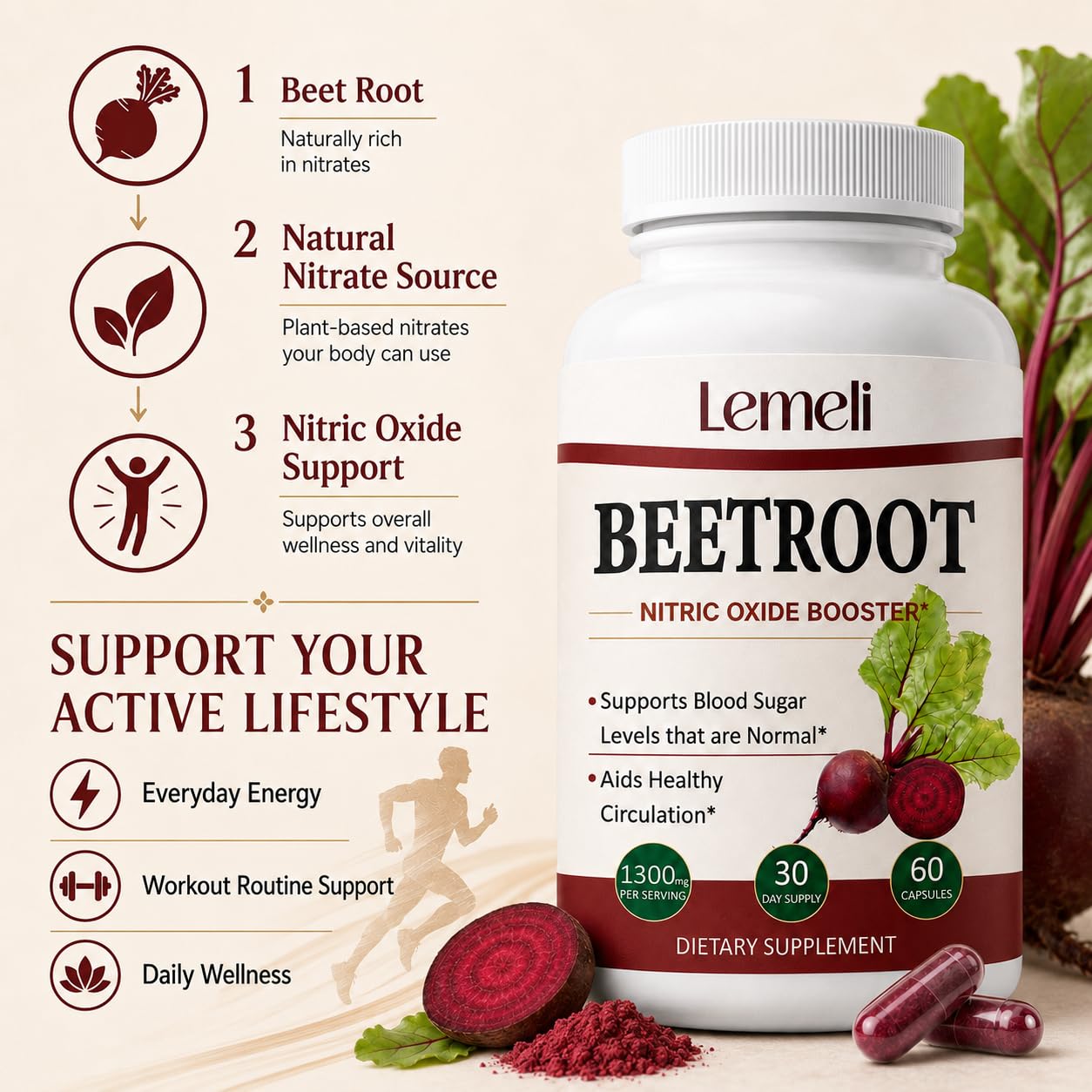 Lence Lemeli Beetroot 1300mg, Nitric Oxide Support Capsules, 60 Capsules
