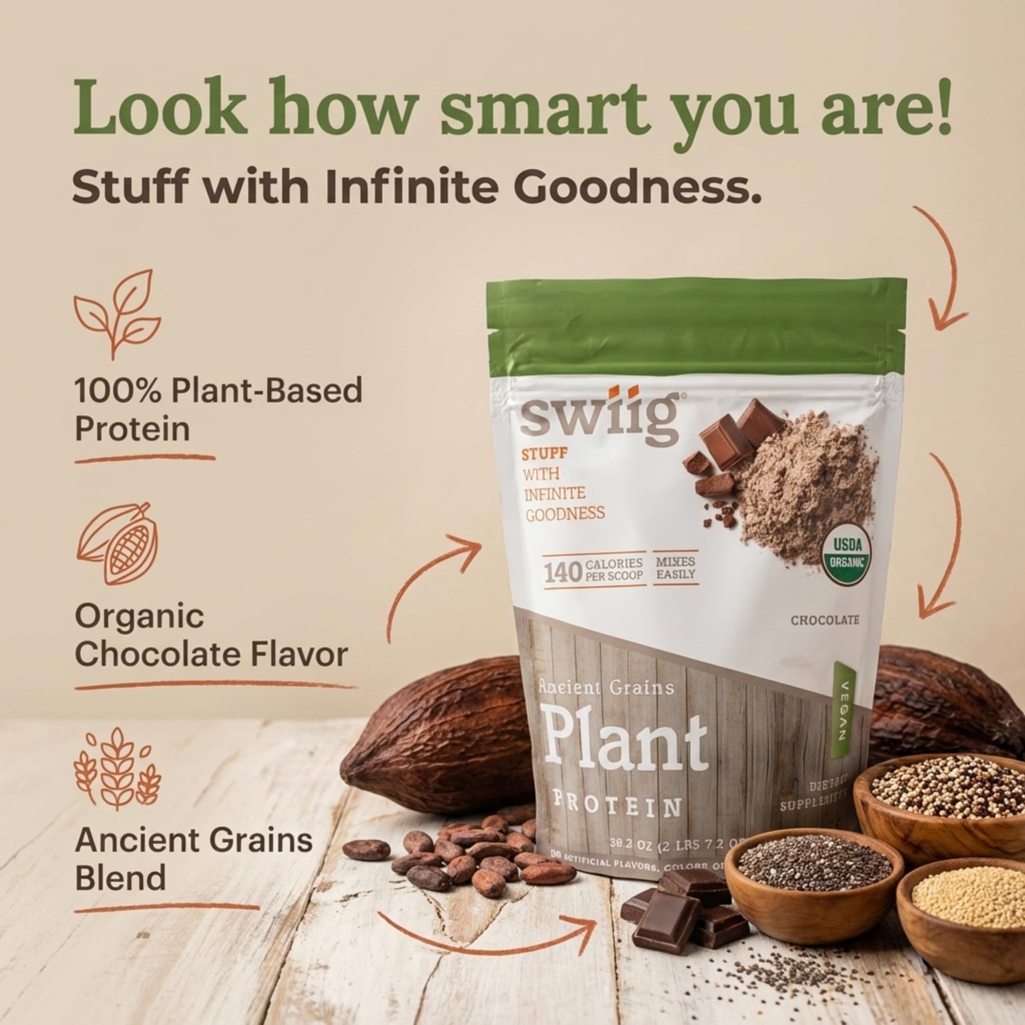 swiig Organic Plant Protein Powder Rich Chocolate, 39.6 Servings