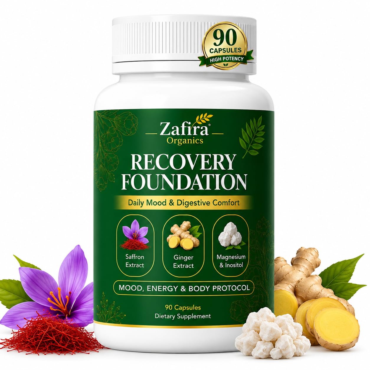 Zafira Organics Recovery Foundation Supplement with Saffron Extract, Ginger Extract, Magnesium & Inositol Complex 90 Capsules