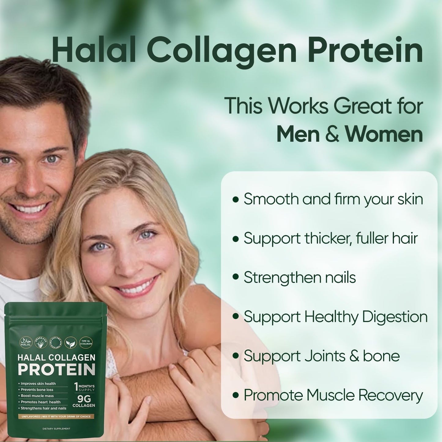 Vlsdoin Halal Collagen Protein Powder, Grass-Fed Collagen Peptides, Type I&III, 100% Hydrolyzed for Hair, Skin, Nails, Gut, Bone & Joint Health, Sugar Free, Unflavoured, 10.58 oz