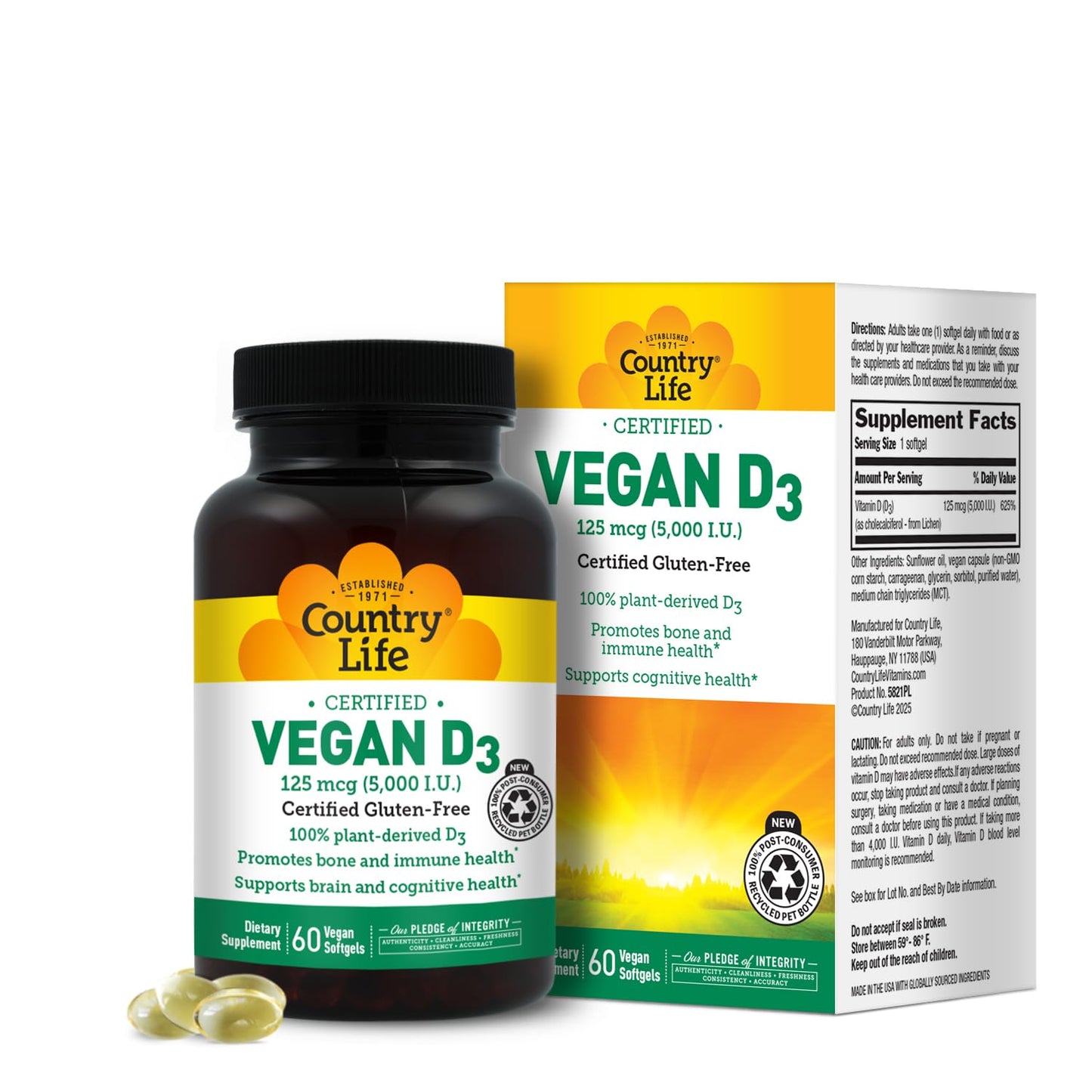 Country Life Vegan D3 5000 IU - Plant-Derived Vitamin D3 from Lichen Softgels, 60 Count