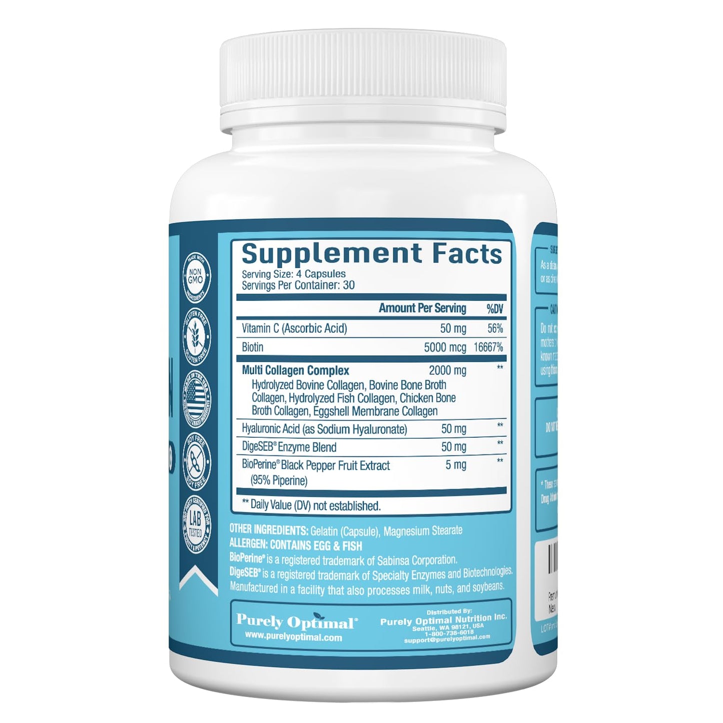 Purely Optimal Premium Multi Collagen Peptides (Types I, II, II, V, X) Capsules 120