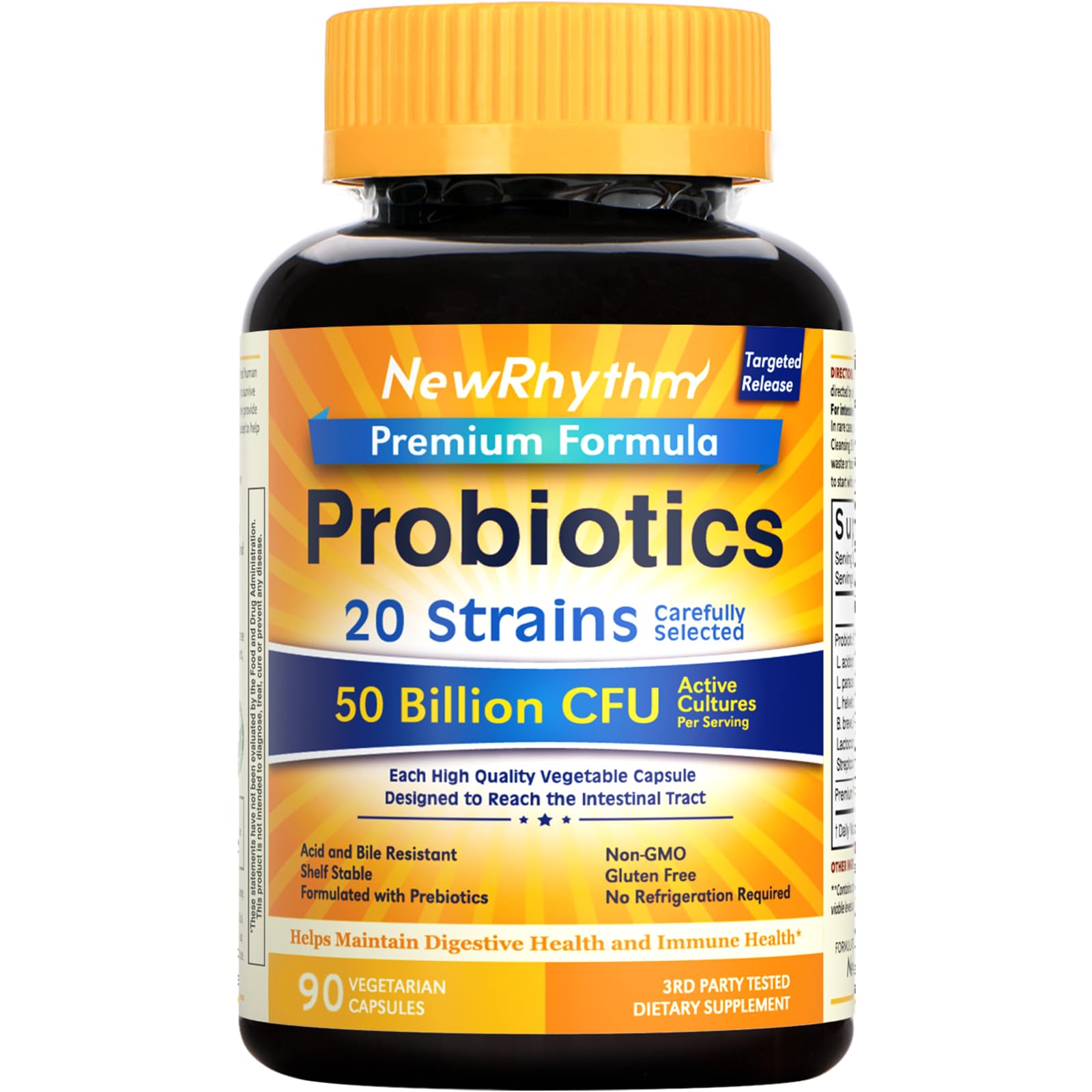 NewRhythm Probiotics 50 Billion CFU 20 Strains Veggie Capsules, 90 Count