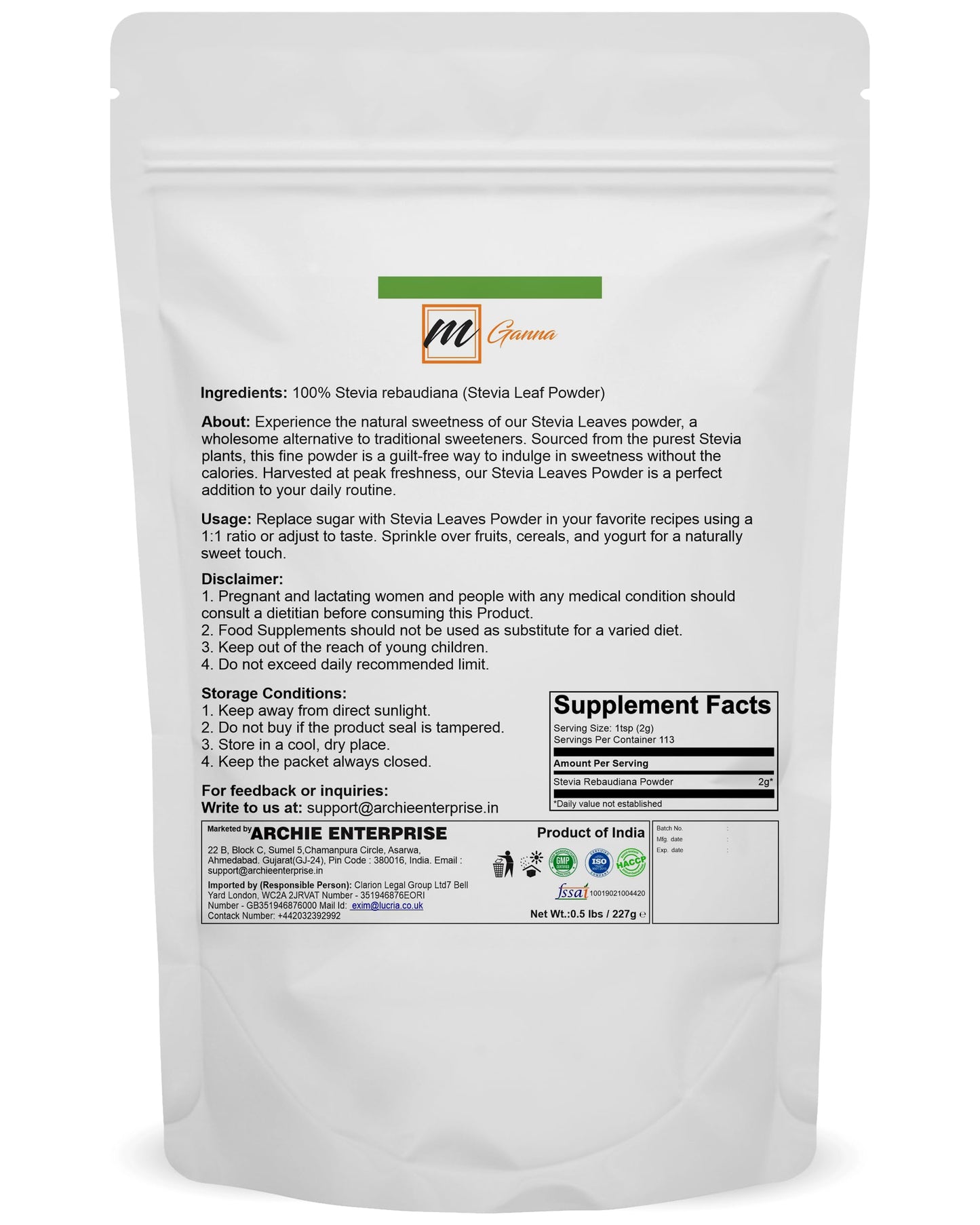 mGanna 100% Natural Stevia Leaf Powder 8 Count