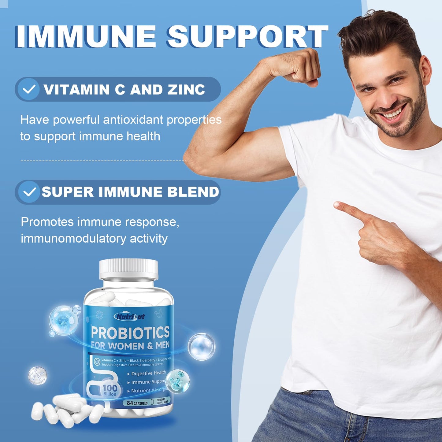 NutriGut Probiotics for Women and Men Digestive Health with 100 Billion CFUs, Prebiotics and Multivitamin, 84 Capsules