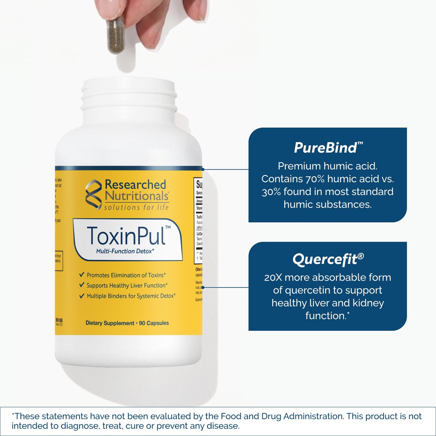 Researched Nutritionals ToxinPul Kidney & Liver Cleanse Detox & Repair Multi-Binder Formula with Humic Acid, Chlorella & Quercetin for Heavy Metals, Glyphosate & Toxin Removal, 90 Capsules