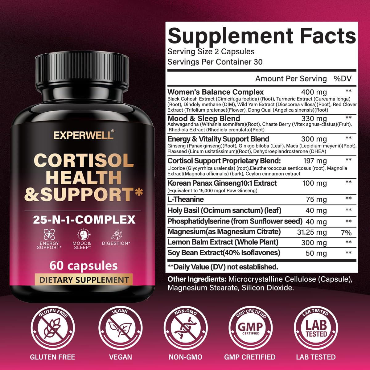 Flulight Cortisol Health & Support – 25-in-1 Multi-Ingredient Complex with Ashwagandha, L-Theanine, Rhodiola & Magnesium – Daily Balance, Mood & Energy Support – 60 Capsules