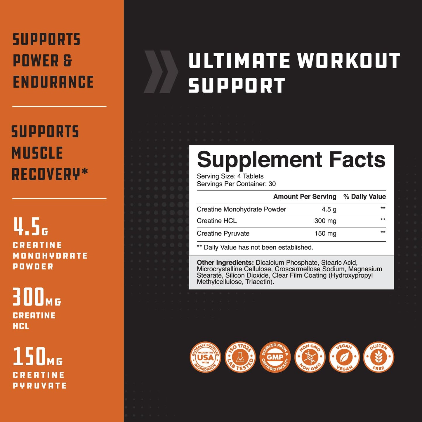 Natures Craft High Strength Tri Phase Creatine Tablets - Formula Blend of Creatine Monohydrate, 300mg HCL & Pyruvate, 120 Tablets
