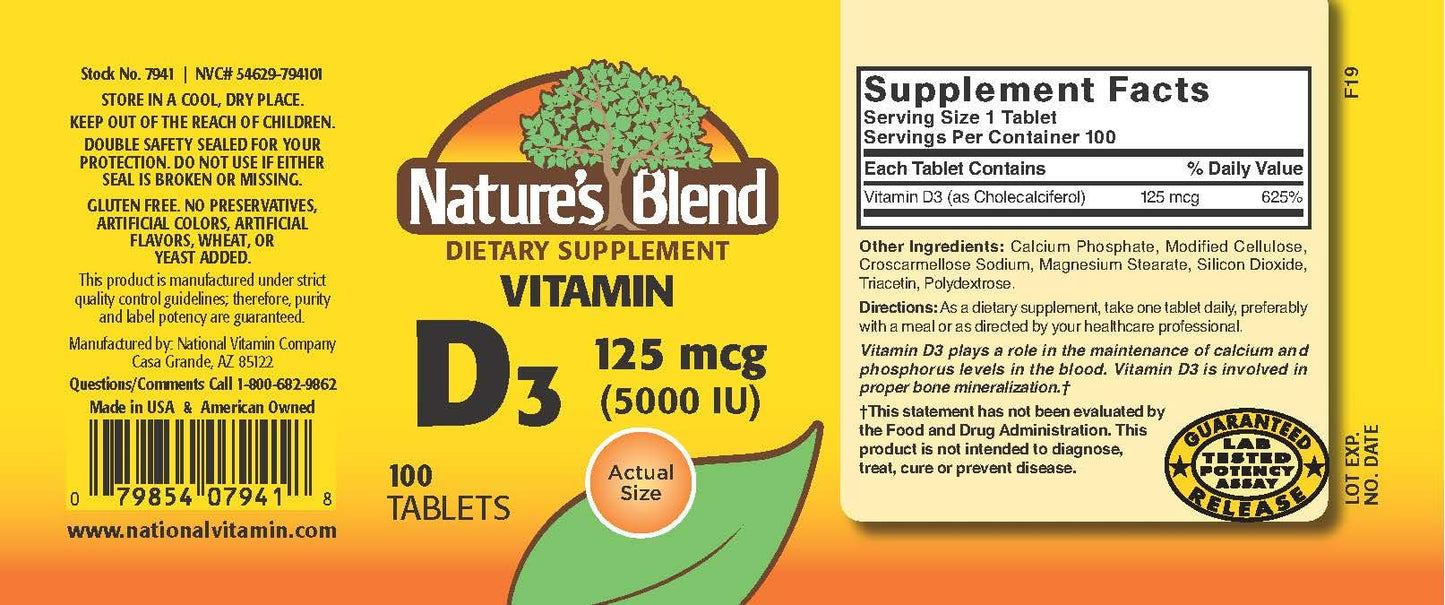 Nature's Blend Vitamin D3 5000 IU Tablet, 100 Tablets