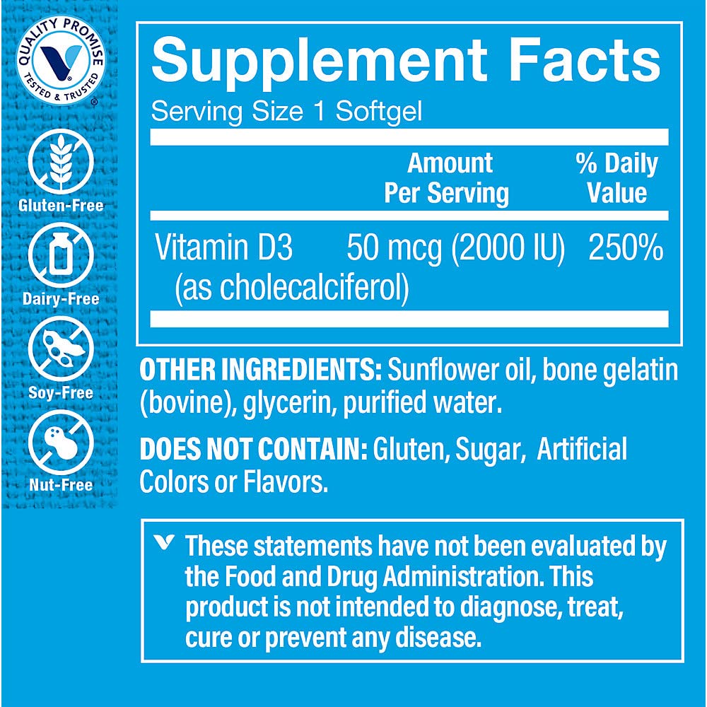 The Vitamin Shoppe Vitamin D3 2000 IU - Bone Health, Immune Function & Calcium Absorption Support, Daily Vitamin Softgels 200 Count