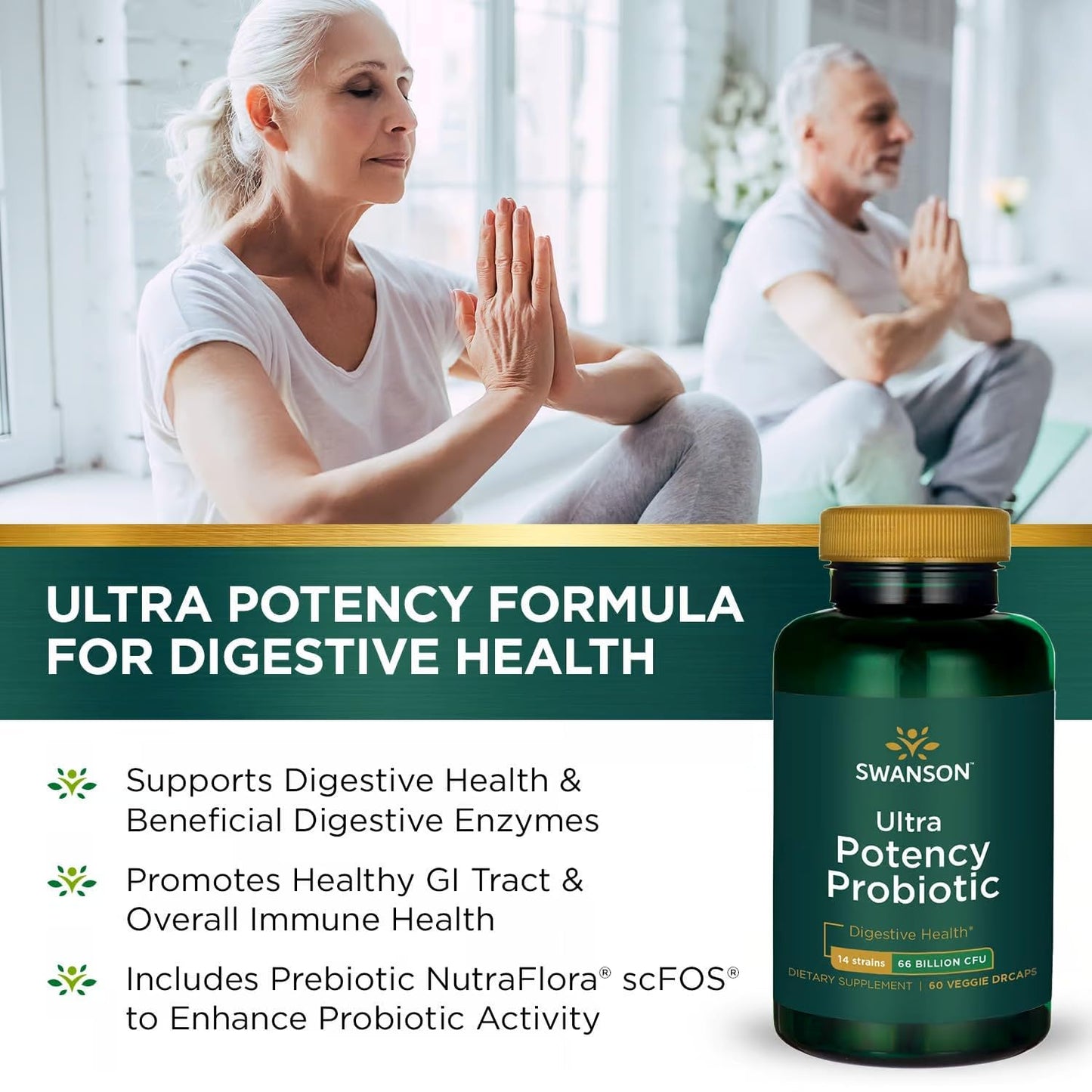Swanson Ultra Potency Probiotic Digestive Health Immune System Support 66 Billion CFU Prebiotic NutraFlora scFOS Vegan Capsules 120 Count