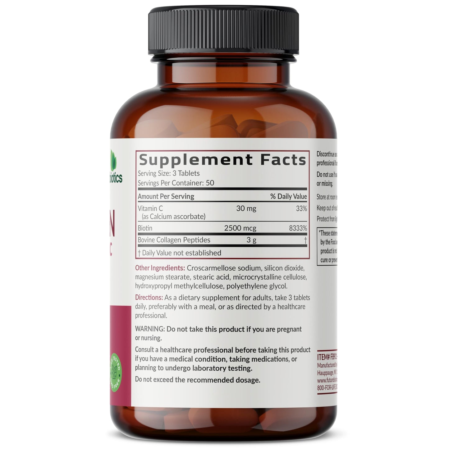Futurebiotics Collagen Peptides with Biotin & Vitamin C Complex 3-in-1 Formula for Hair, Skin & Nails Support Non-GMO 150 Tablets