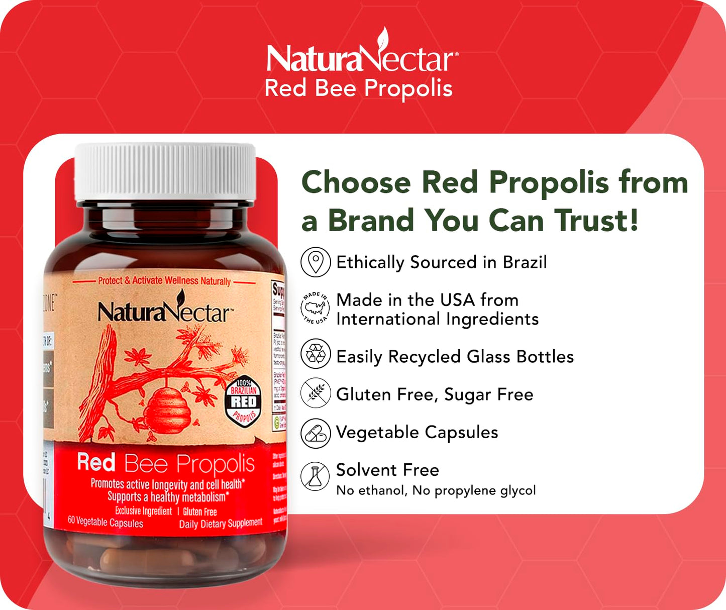 NaturaNectar Red Bee Propolis Capsules, 60 Capsules