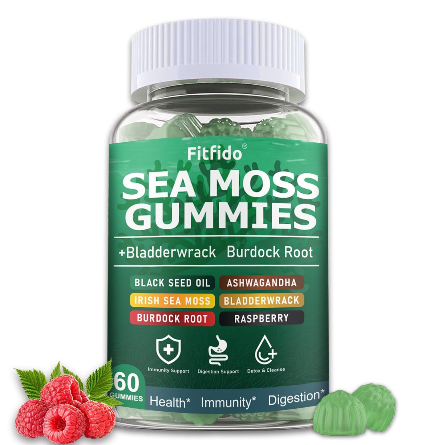Fitfido Irish Sea Moss Gummies 3000mg with Bladderwrack, 60 Count