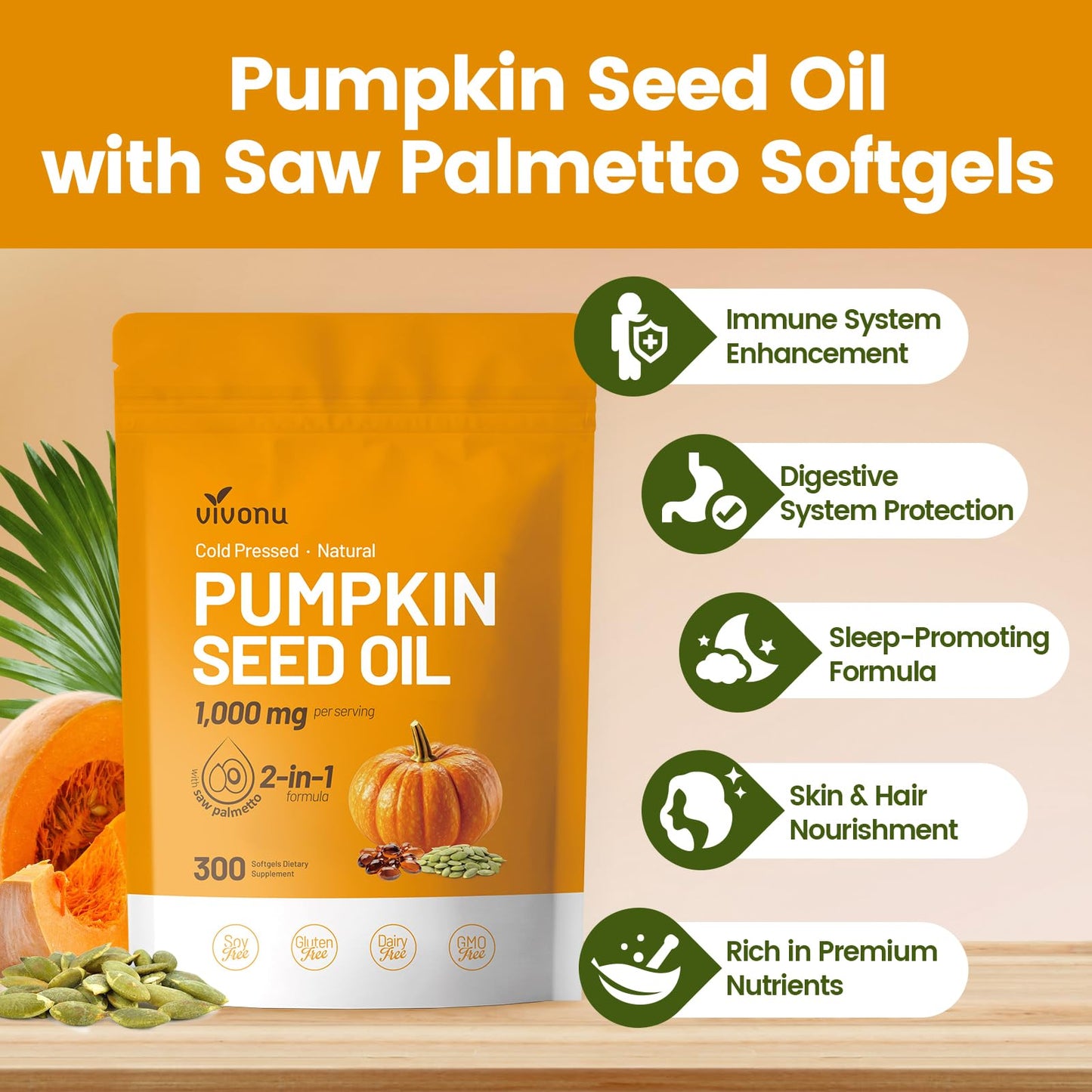 VivoNu Pumpkin Seed Oil with Saw Palmetto Softgels 300 Count