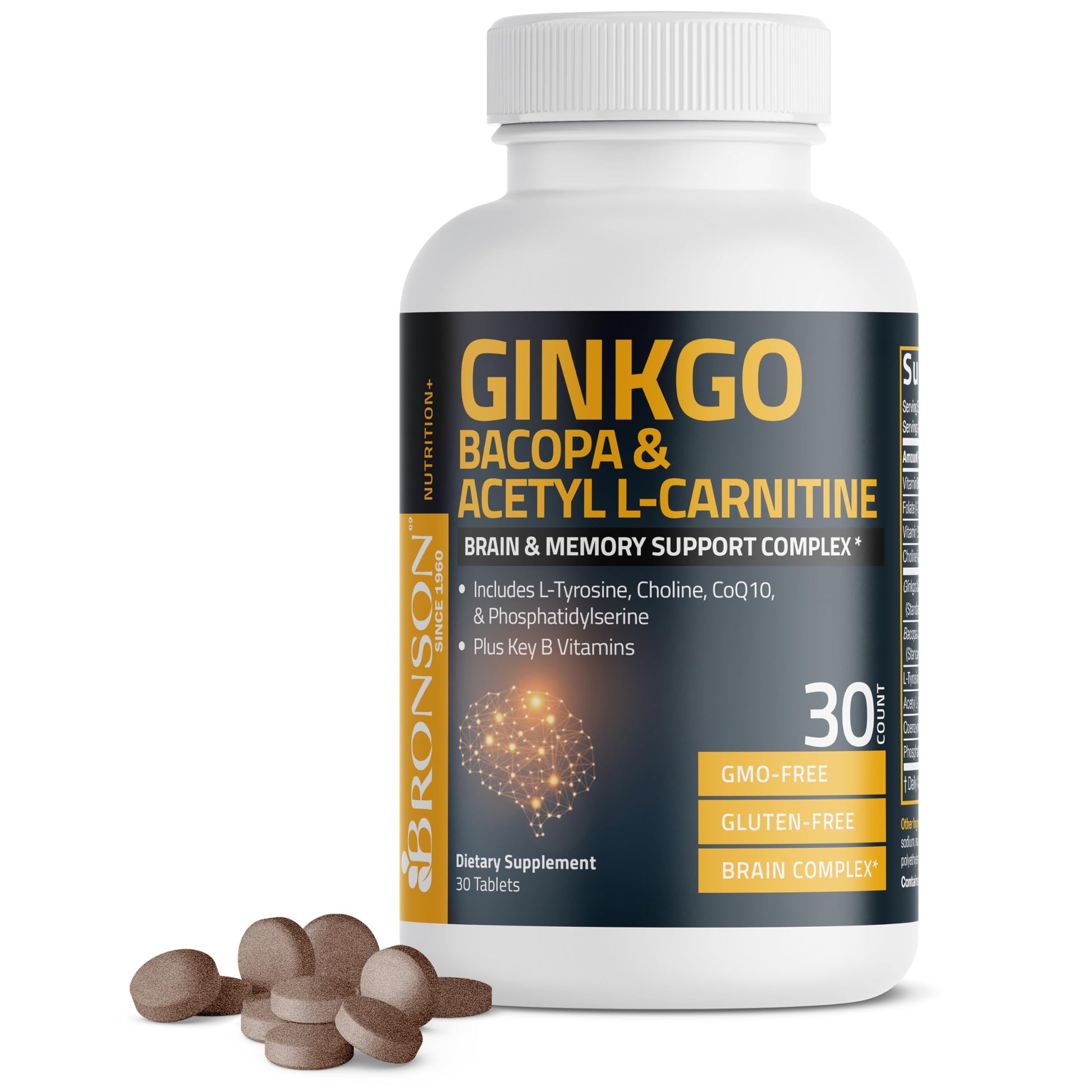Bronson Ginkgo, Bacopa & Acetyl L-Carnitine Brain & Memory Support Complex with L-Tyrosine, Choline, CoQ10 & Phosphatidylserine Plus Key B Vitamins Non-GMO, 30 Tablets