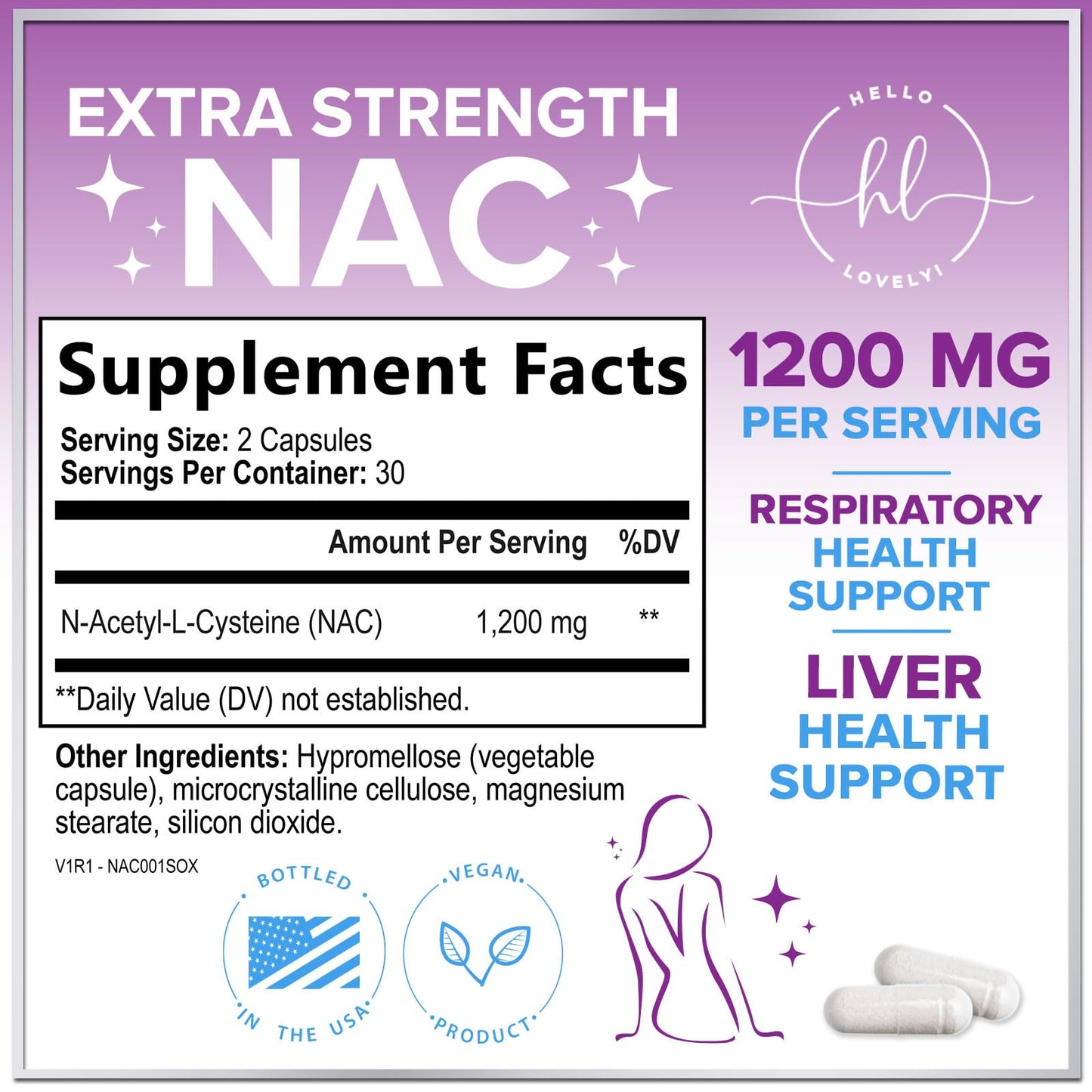 Hello Lovely! NAC Supplement - 1200mg per Serving N-Acetyl-L-Cysteine – Optimal Absorption Immune Support with Powerful Antioxidants - Respiratory & Liver Health Support - Gluten Free, Bottled in USA - 60 Capsules
