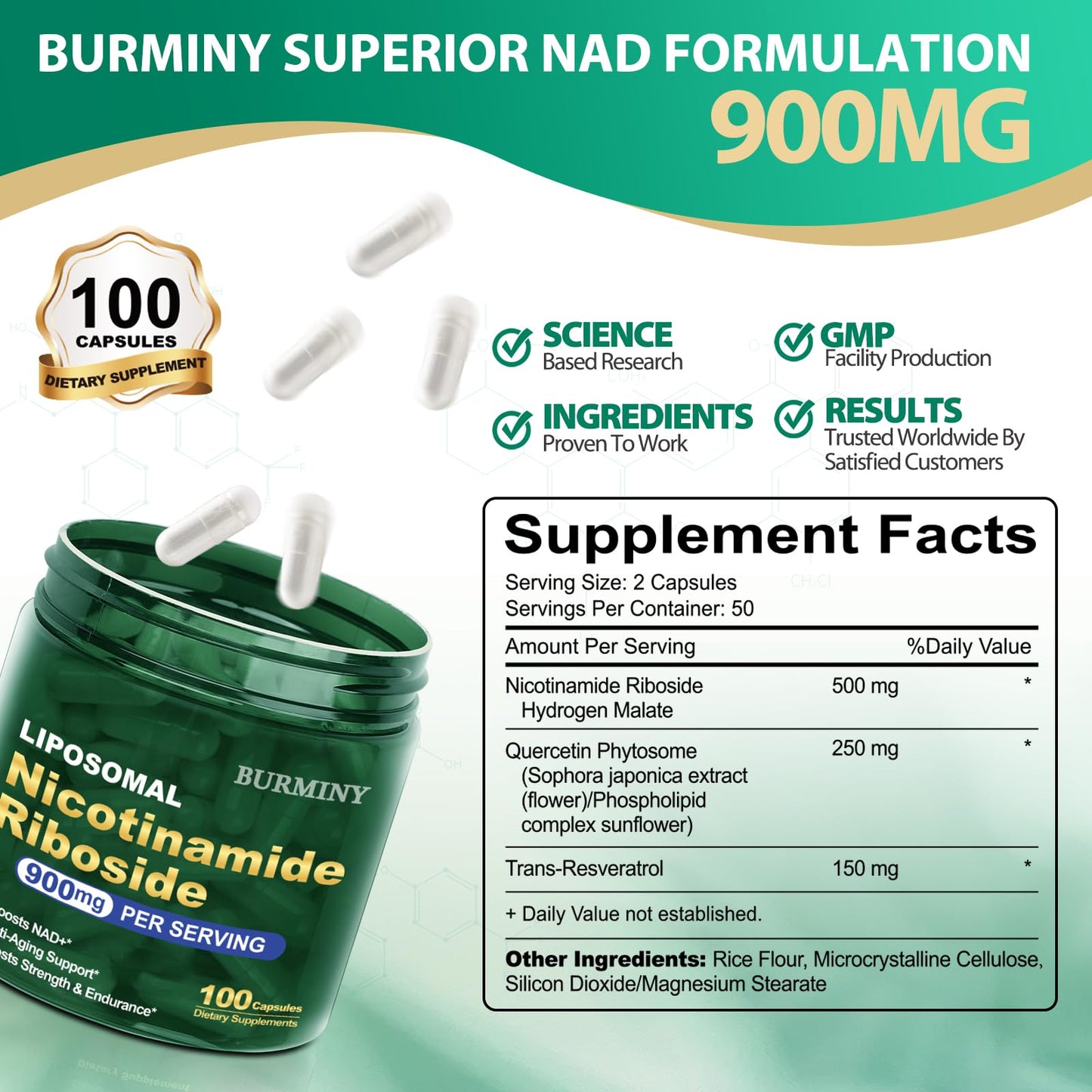 BURMINY Nicotinamide Riboside Resveratrol 900mg Liposomal NR Capsules, 100 Count