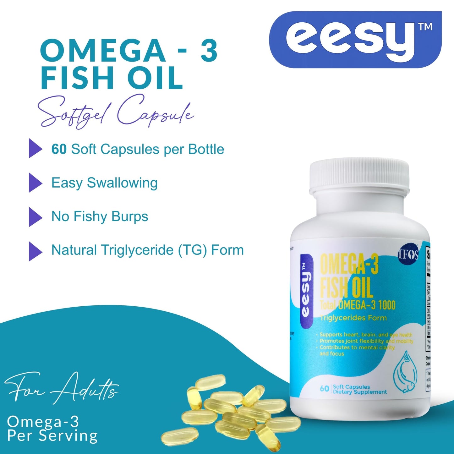 EESY Omega-3 Fish Oil Supplement Capsules, 60 Count