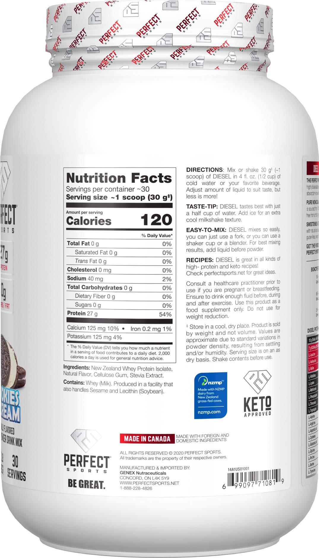 Perfect Sports Diesel 100% New Zealand Whey Isolate, Grass-Fed & Pasture Raised Cookies n Cream, Whey Protein Isolate Powder, 32 Servings