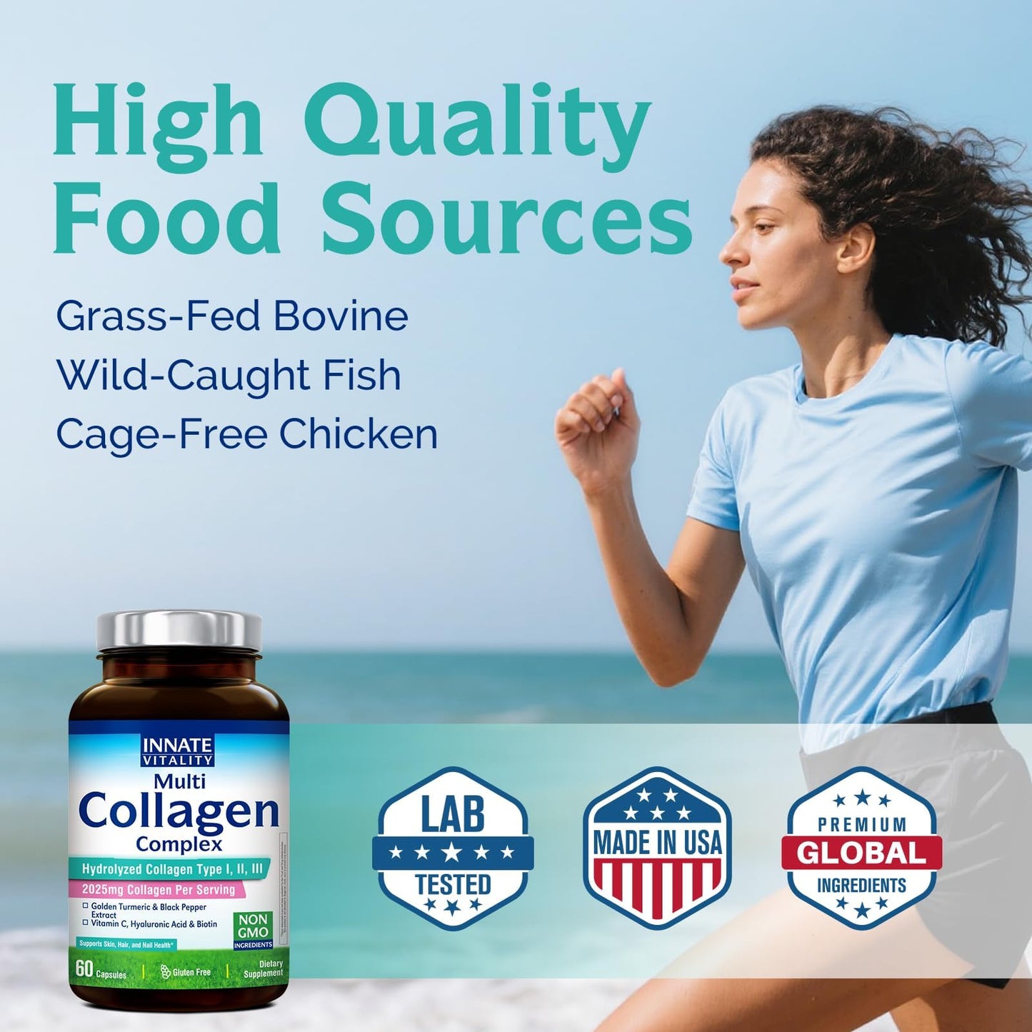 Innate Vitality Multi Collagen Peptides Type I, II, III, Vitamin C, Biotin, Hyaluronic Acid & Turmeric, 2025mg Hydrolyzed Collagen Capsules 60 Capsules