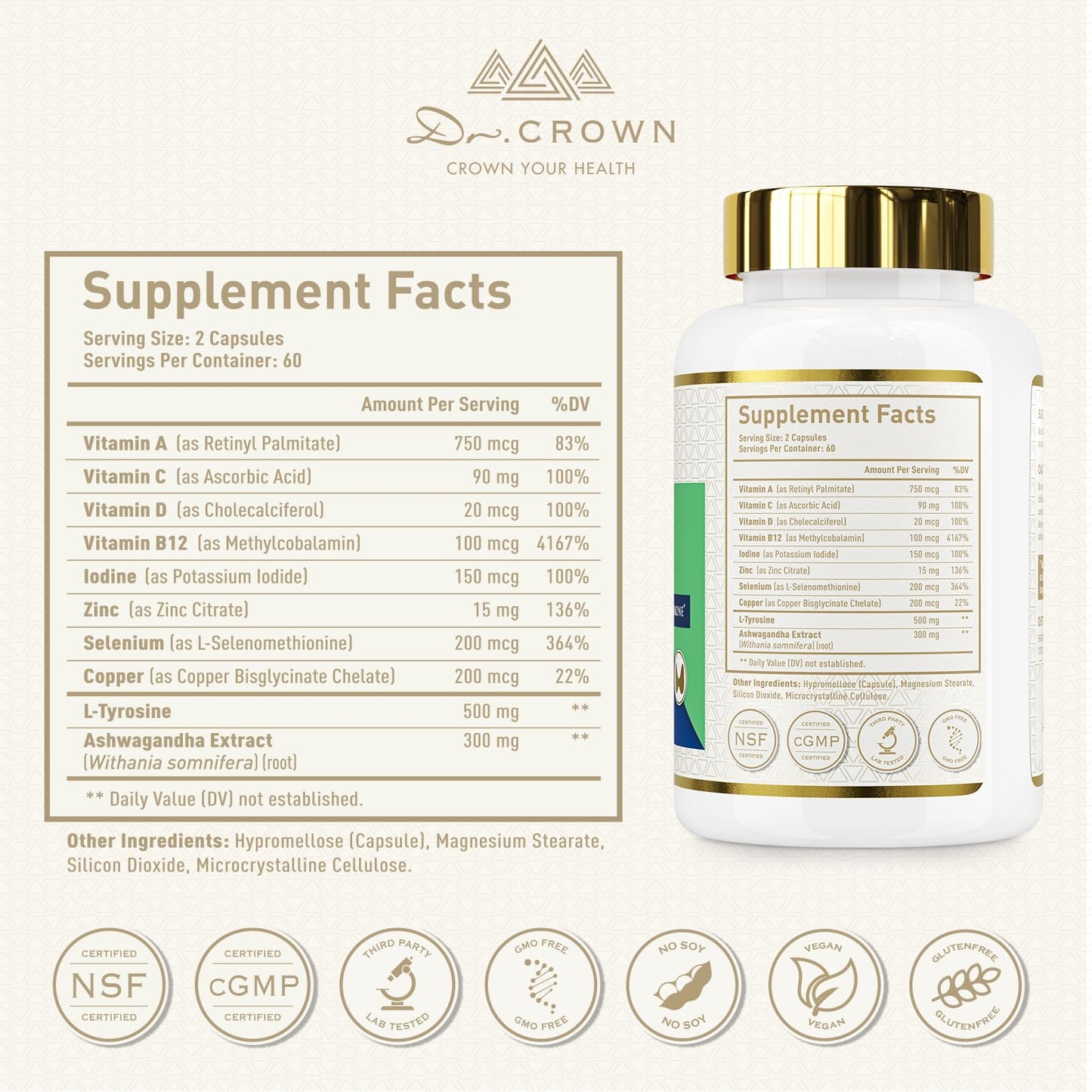 DR. CROWN Thyroid Support Supplement Capsules 120 Count