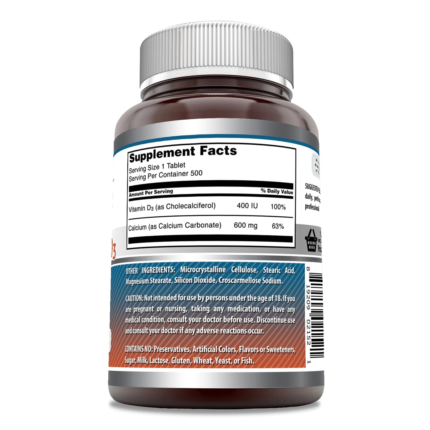 Amazing Nutrition Calcium with Vitamin D3 Supplement Tablets 500 Count