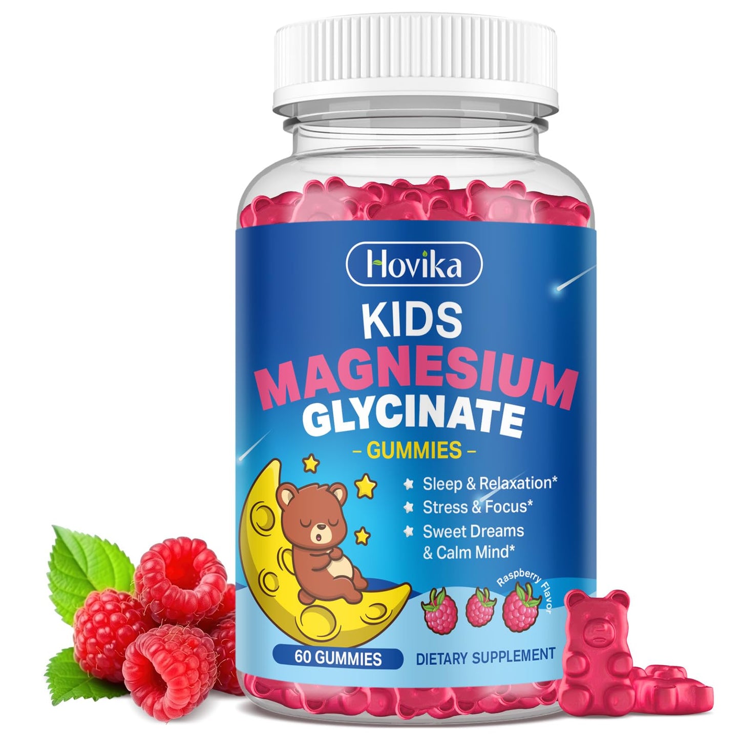 Hovika Magnesium Glycinate Gummies for Kids with L-Theanine, Omega-3, Vitamin B6, D3, Zinc - Sugar Free Raspberry, 60 Gummies