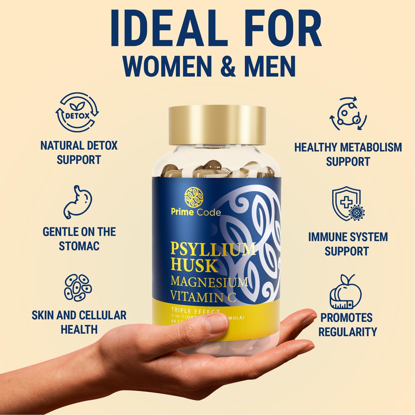 Prime Code Psyllium Husk Capsules with Magnesium Citrate and Vitamin C, 60 Count