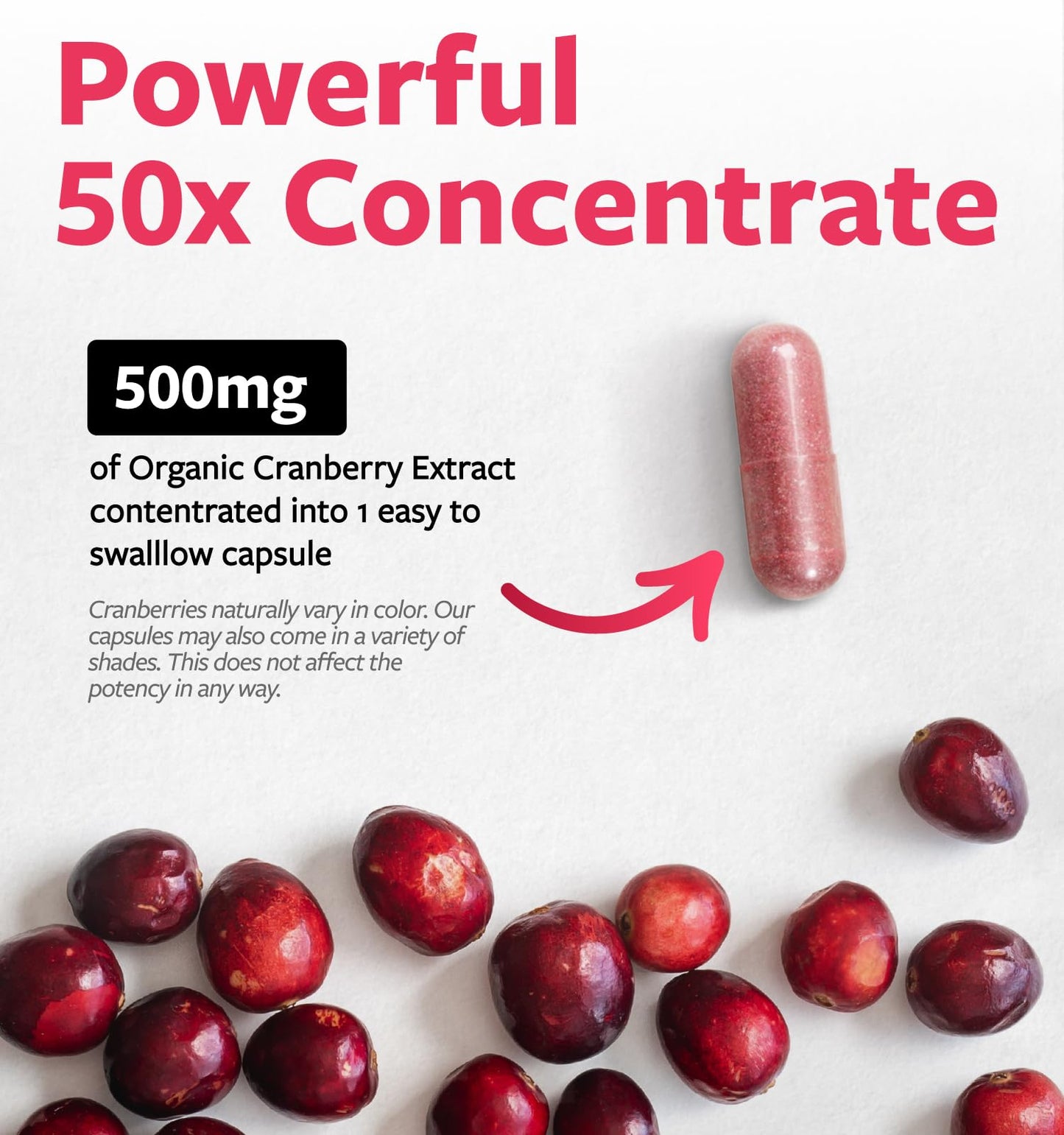 PURE CO Organic Cranberry Pills for Women 500mg Cranberry Concentrate Capsules, 120 Count