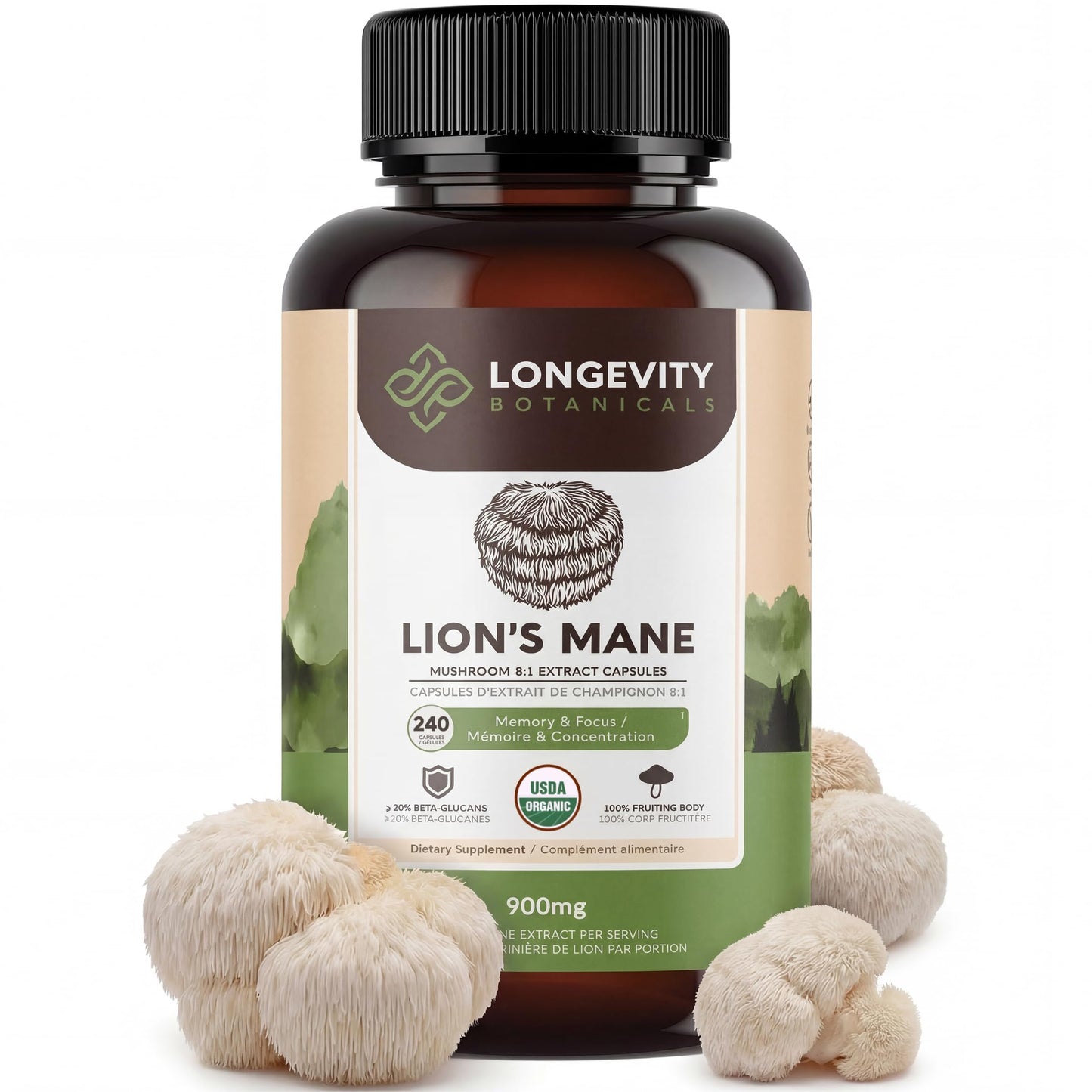 Longevity Botanicals Organic Lion's Mane Mushroom Capsules 240 Count