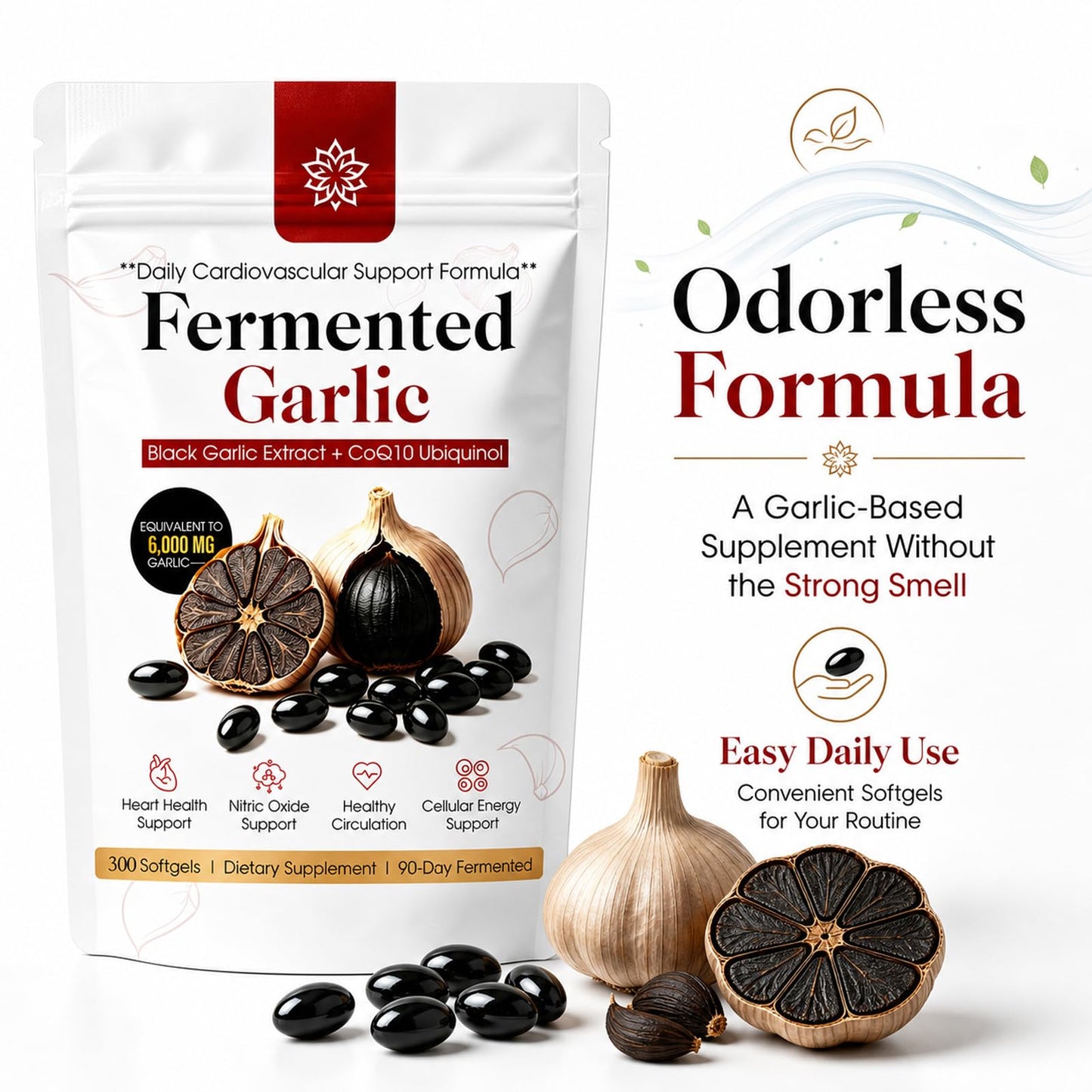 BnPnCn Fermented Black Garlic Extract + CoQ10 Ubiquinol Softgels, Odorless Daily Supplement, Supports Heart Health, 300 Count